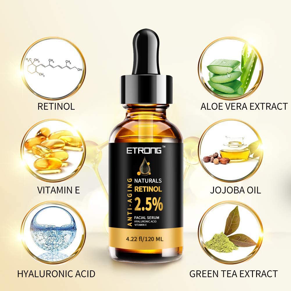 ETRONG 2.5% Retinol Serum for Face - Anti-Aging Treatment with Hyaluronic Acid & Vitamin E - Fights Wrinkles, Acne & Dark Spots (120ml) - Perfect for Nighttime Skincare Routine & Sensitive Skin Care