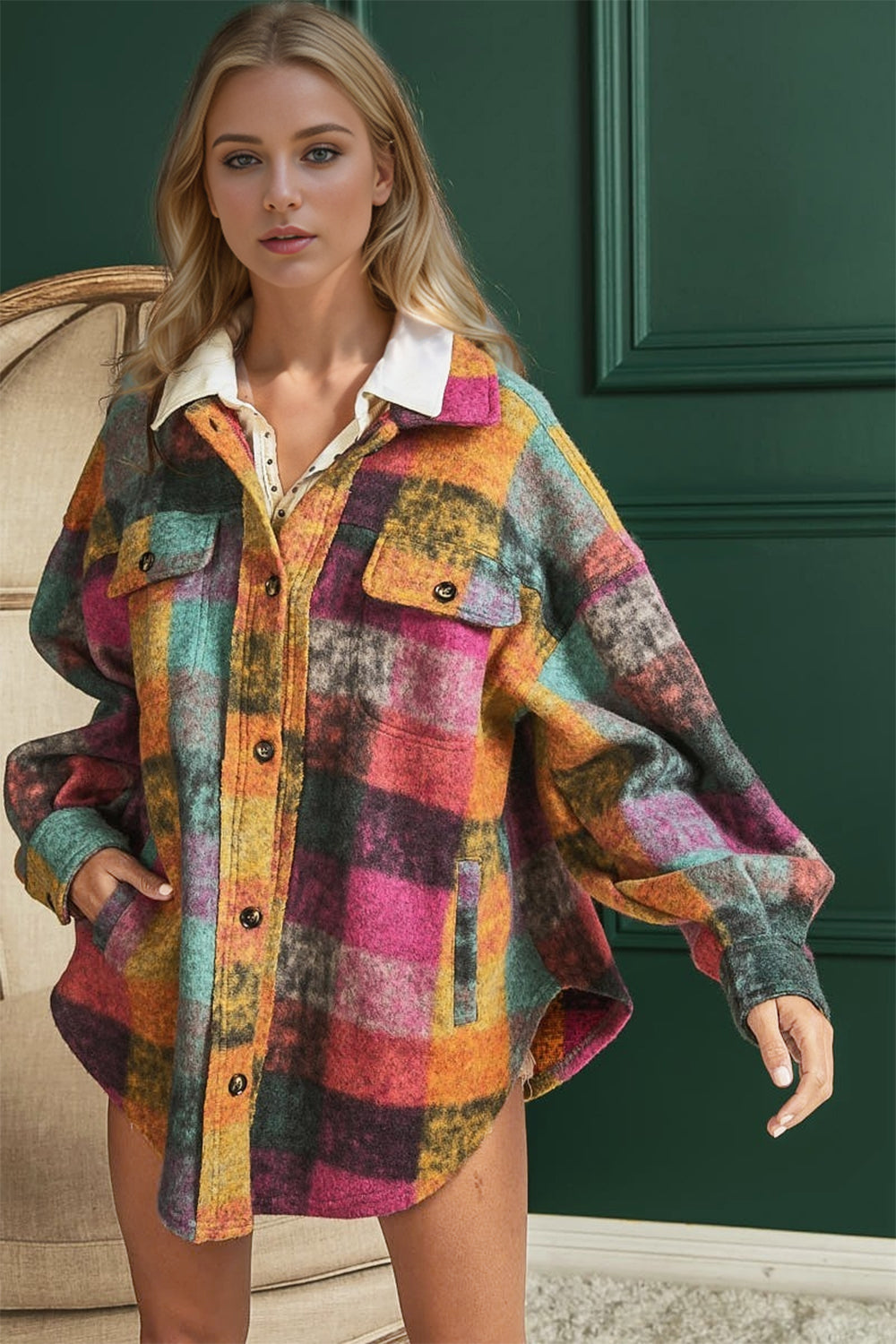 Double Take Full Size Button Up Plaid Shacket with Pockets - Stylish & Comfortable Overshirt for Men & Women | Perfect for Casual Outings, Outdoor Adventures & Layered Fall/Winter Fashion