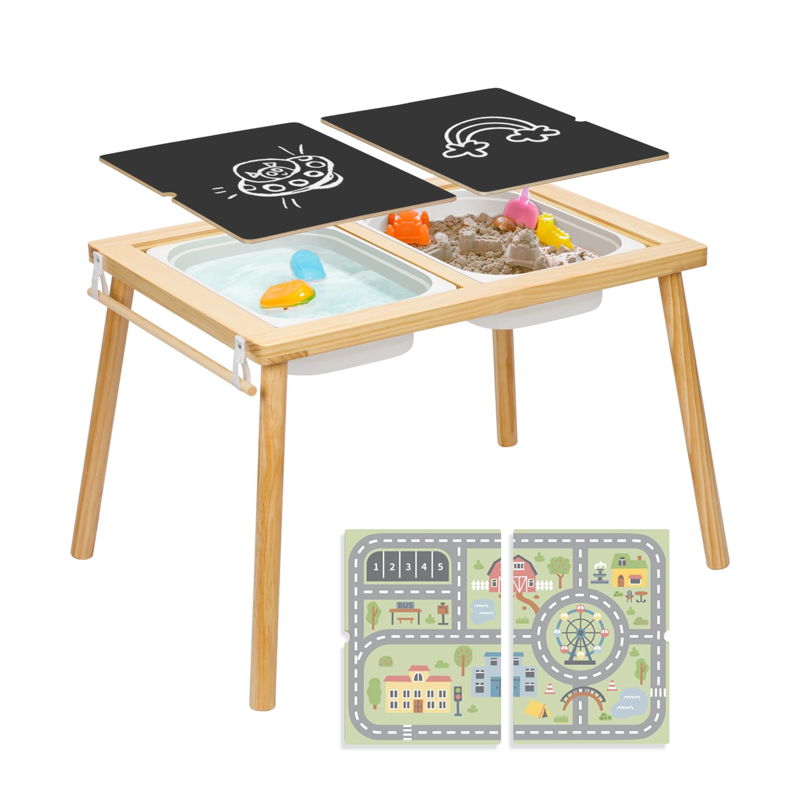 OOOK Multifunctional Sensory Activity Table for Toddlers - Solid Wood Play Desk with 2 Bins, Blackboard & Urban Traffic Map - Kids Sand & Water Play Table - Perfect Birthday Gift for Boys & Girls - Ideal for Home, Preschool & Daycare Sensory Play