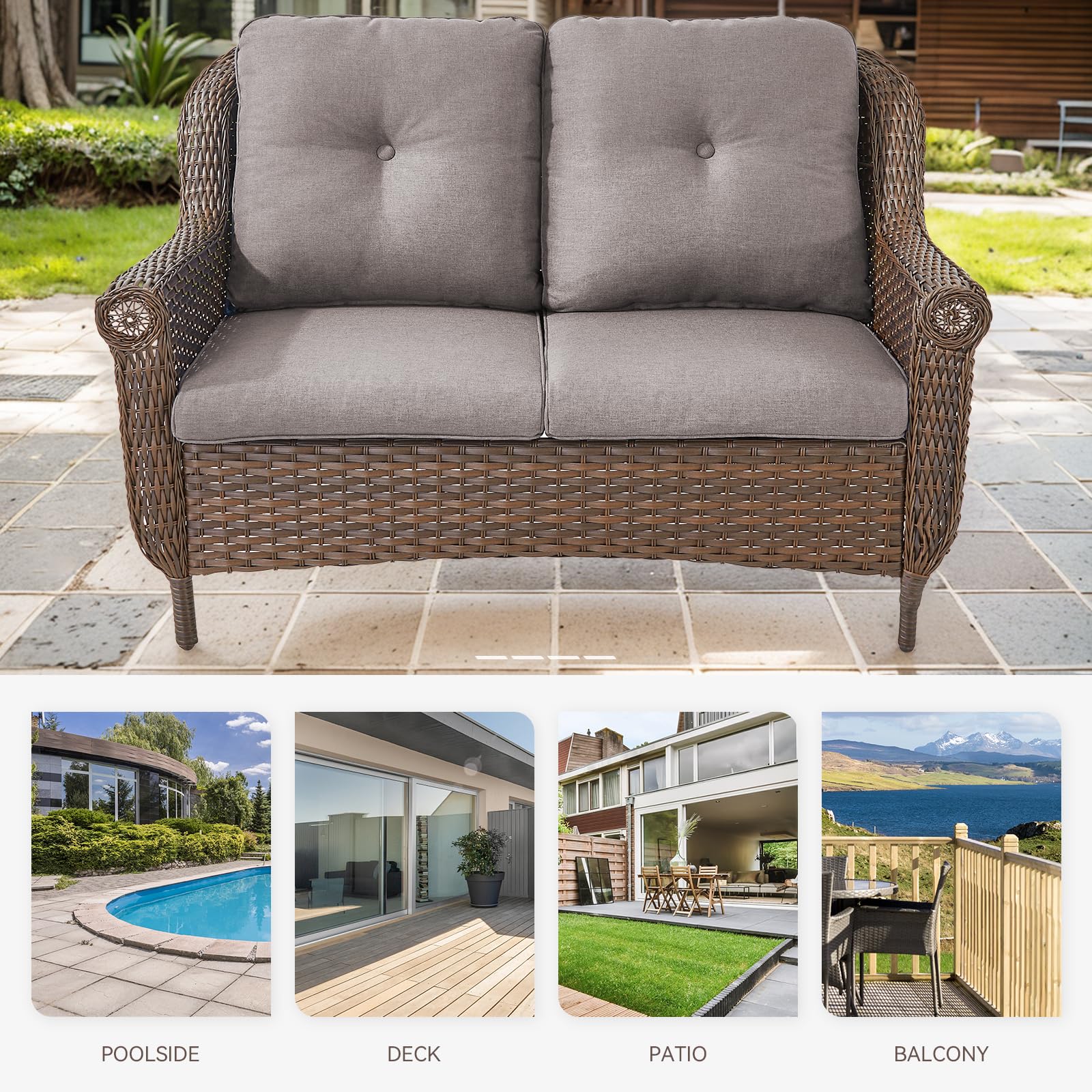 Brown Rattan Patio Loveseat with Water-Resistant Cushions - Outdoor Wicker Sofa for Garden, Balcony, Backyard & Poolside - Perfect for Relaxing, Entertaining & Sunbathing (1PC)
