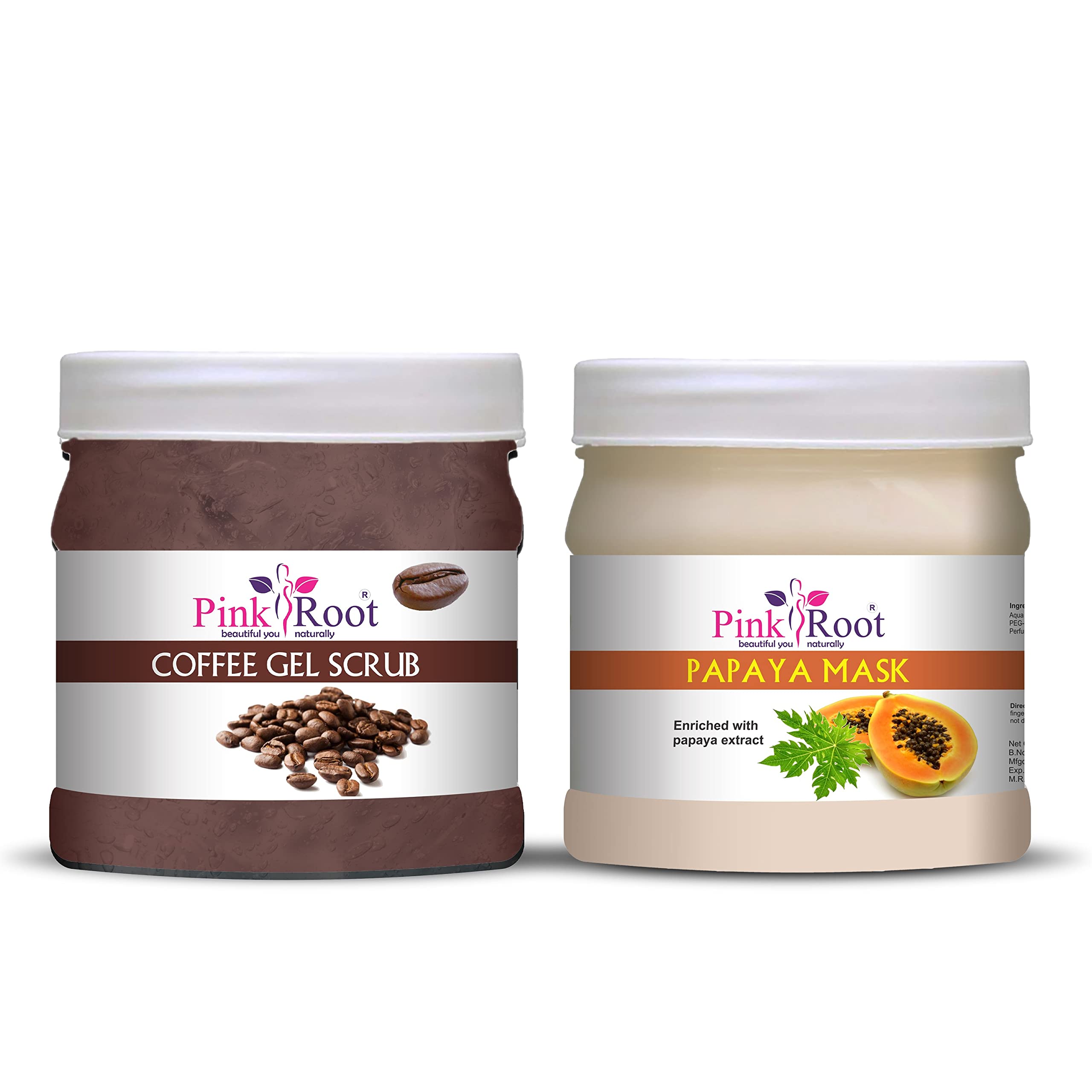 Pink Root Coffee Gel Scrub & Papaya Mask Set - 500gm Each - Exfoliating & Brightening Skincare Duo for Face & Body - Perfect for Spa Day & At-Home Self Care Routine