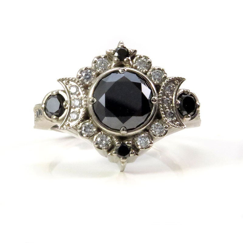 Black & White Diamond Selene Gothic Moon Engagement Ring Set - 14k Rose, Yellow or White Gold - Celestial Bohemian Wedding Ring for Women - Perfect for Gothic, Boho & Alternative Brides