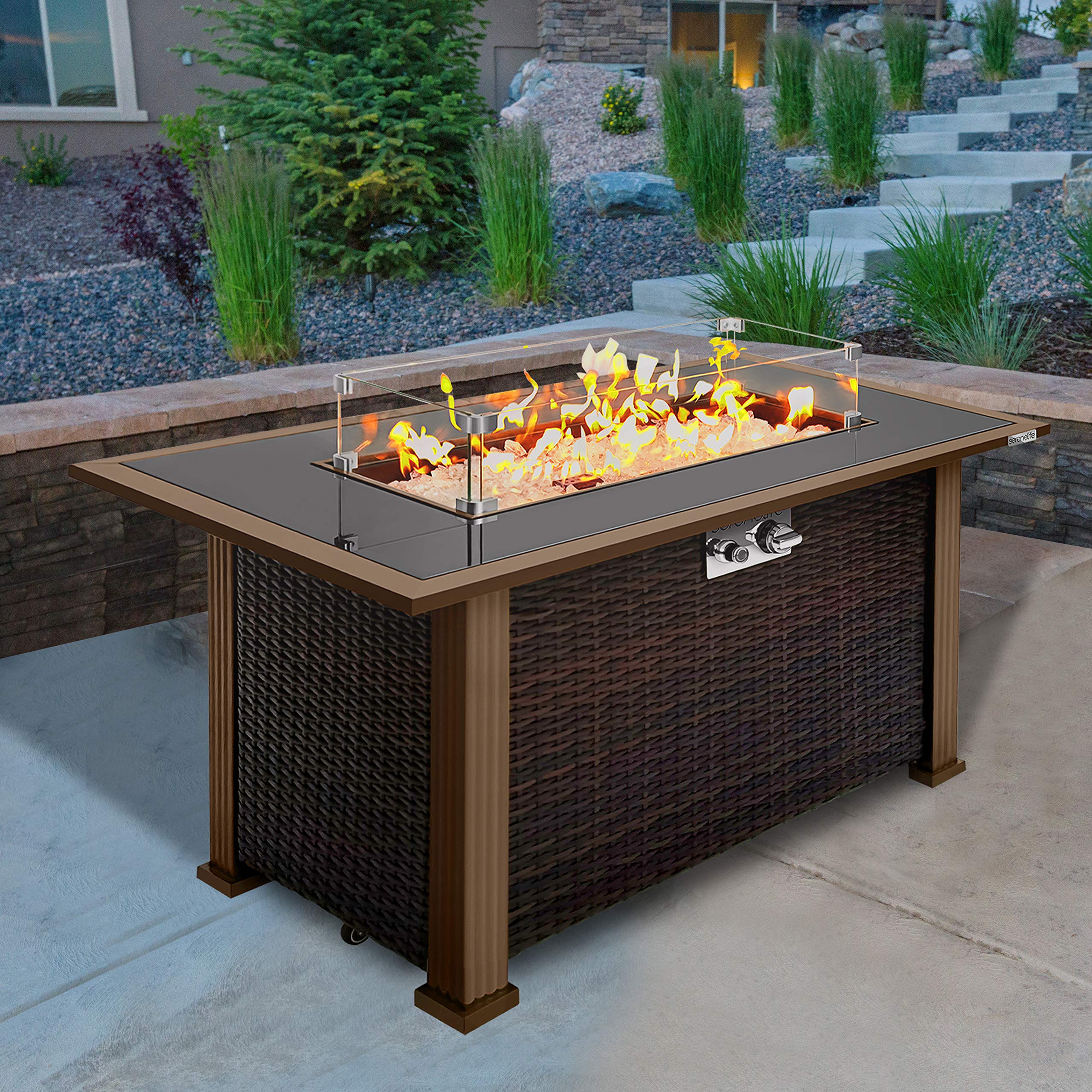 SereneLife 50,000 BTU Outdoor Propane Fire Pit Table with Auto-Ignition - Elegant Gas Fire Table with Rattan Panel, Black Tempered Glass Top & Wind Guard - Perfect for Patio, Backyard, Deck & Garden Gatherings - CSA Approved