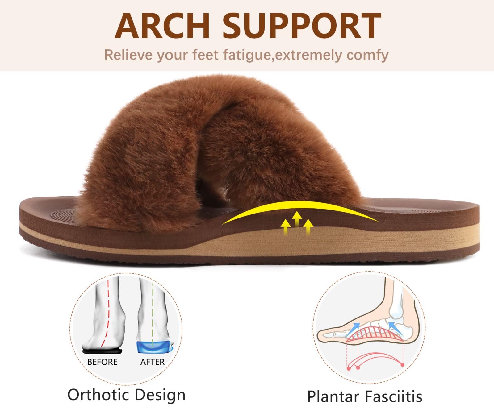 COFACE Women's Fuzzy Slides - Fluffy Faux Fur House Slippers with Arch Support, Open Toe Sandals for Indoor/Outdoor Use - Perfect for Yoga, Lounging & Home Comfort