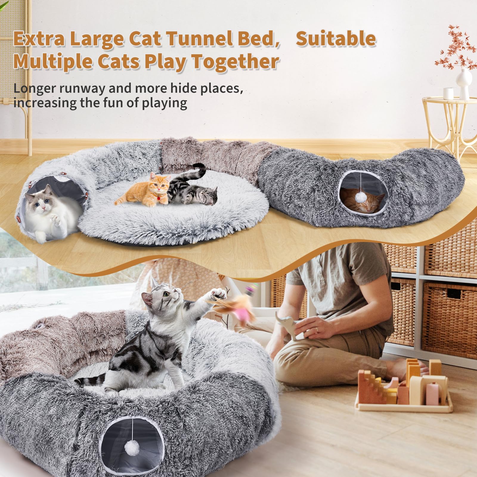 Odoland Large Cat Tunnels for Indoor Cats - Fluffy Cat Bed & Detachable Cat Cave with 20 Cat Toys | Interactive Play Tunnel & Chew Toy Set for Kittens | Perfect for Playtime, Exercise & Indoor Adventures