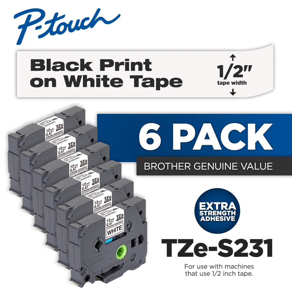Brother Genuine P-touch TZe-S231 6-Pack Laminated Label Tape - 0.47