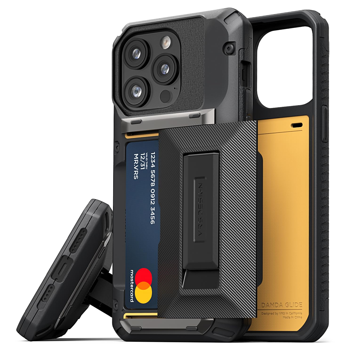 VRS DESIGN Damda Glide Hybrid Protective Case for iPhone 13 Pro Max (2021) - Slim Wallet Case with Built-in Card Holder & Kickstand | Shockproof & Durable Cover | Perfect for Work, Travel & Everyday Use (Groove Black)