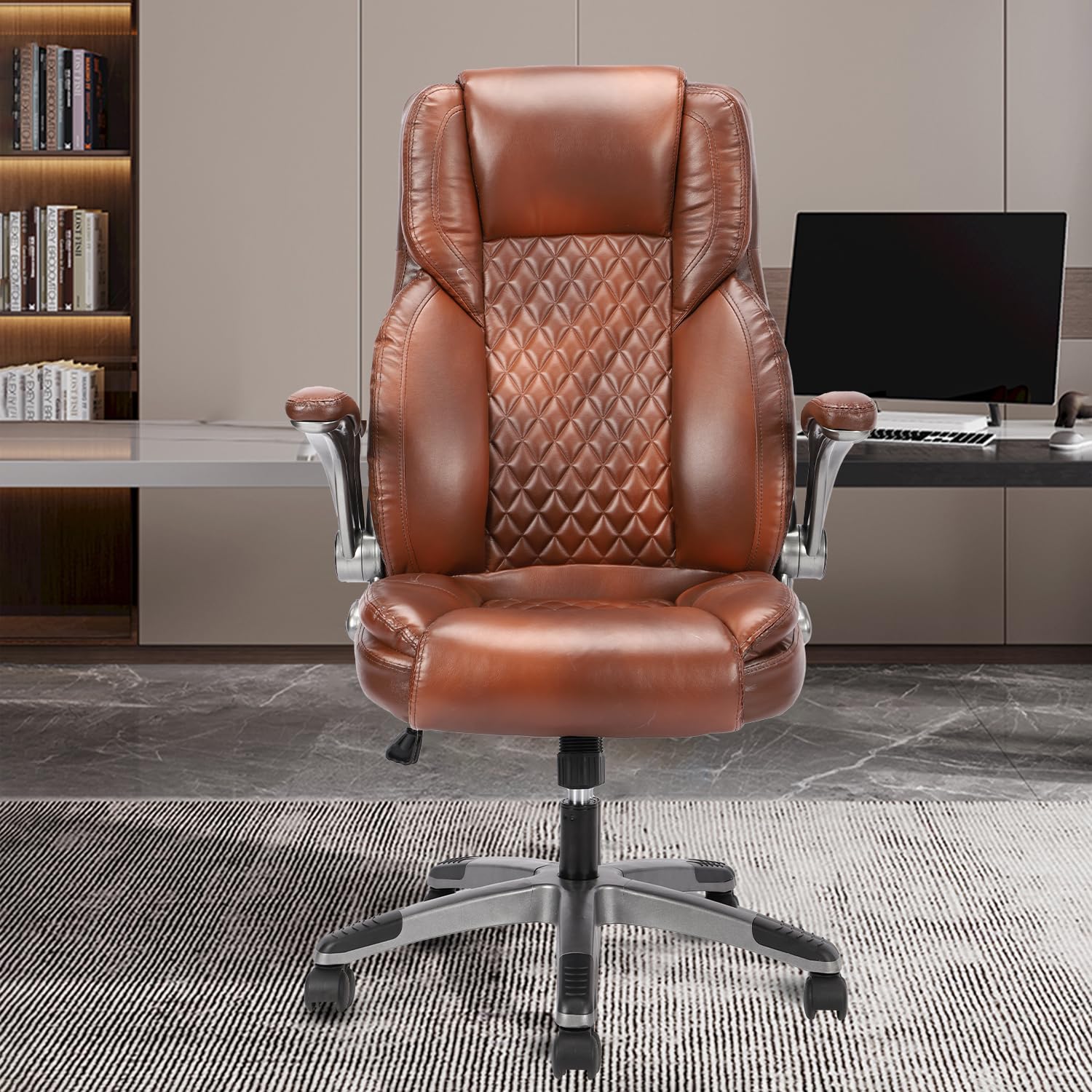 Premium Brown Leather Executive Office Chair with Flip-Up Arms, High Back Ergonomic Design & Lumbar Support - 90-120° Reclining Swivel Task Chair with Wheels for Home Office, Conference Rooms & Workspaces