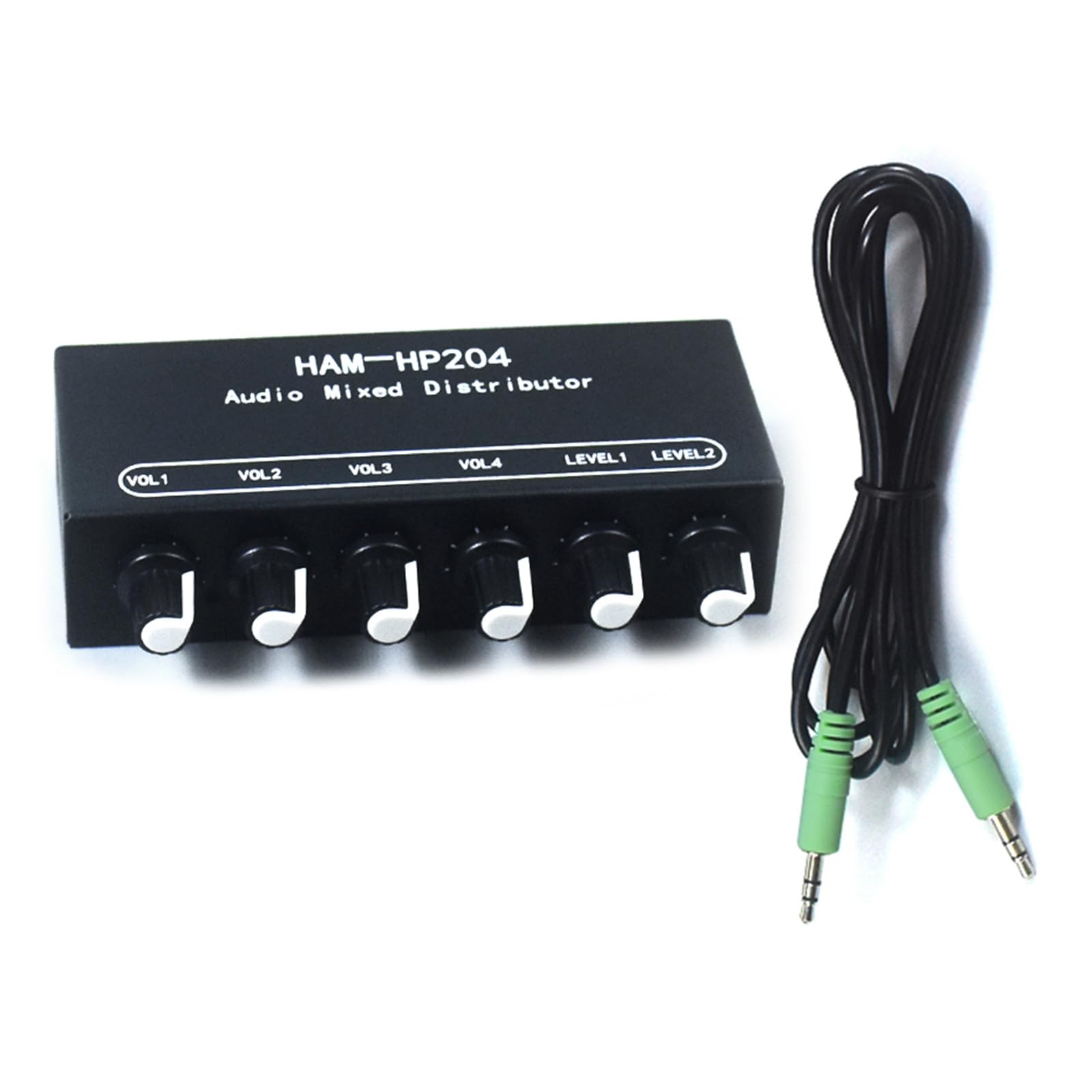 JSGHGDF 2 Input 4 Output 3.5mm Audio Mixer Switch - Stereo Headphone Distribution Box with Individual Volume Control for Home Studio, Gaming & DJ Setup