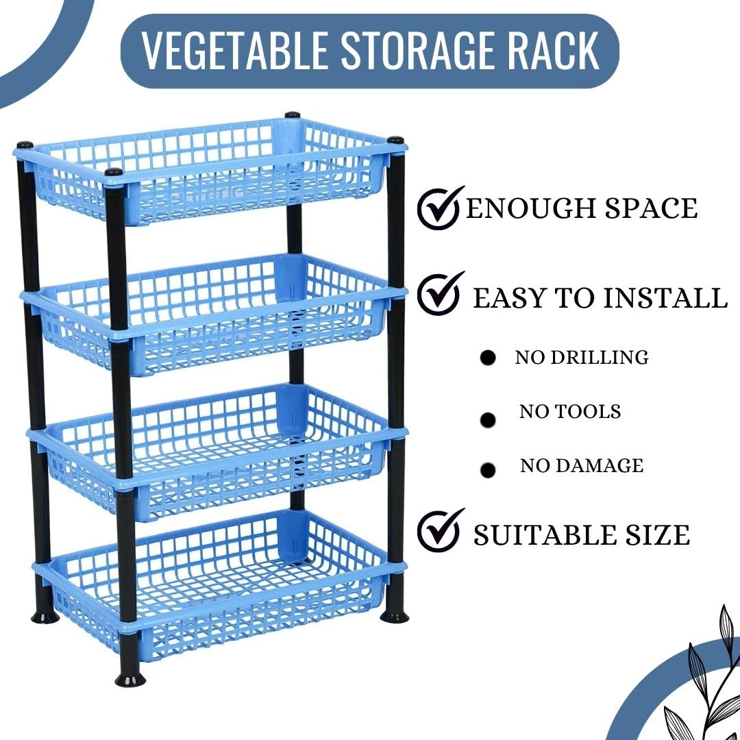 NABHYA Plastic 4-Tier Multipurpose Basket Stand Rack for Fruits & Vegetables - Space-Saving Storage Organizer for Kitchen, Pantry, or Garage (Blue, EZEE Rack)