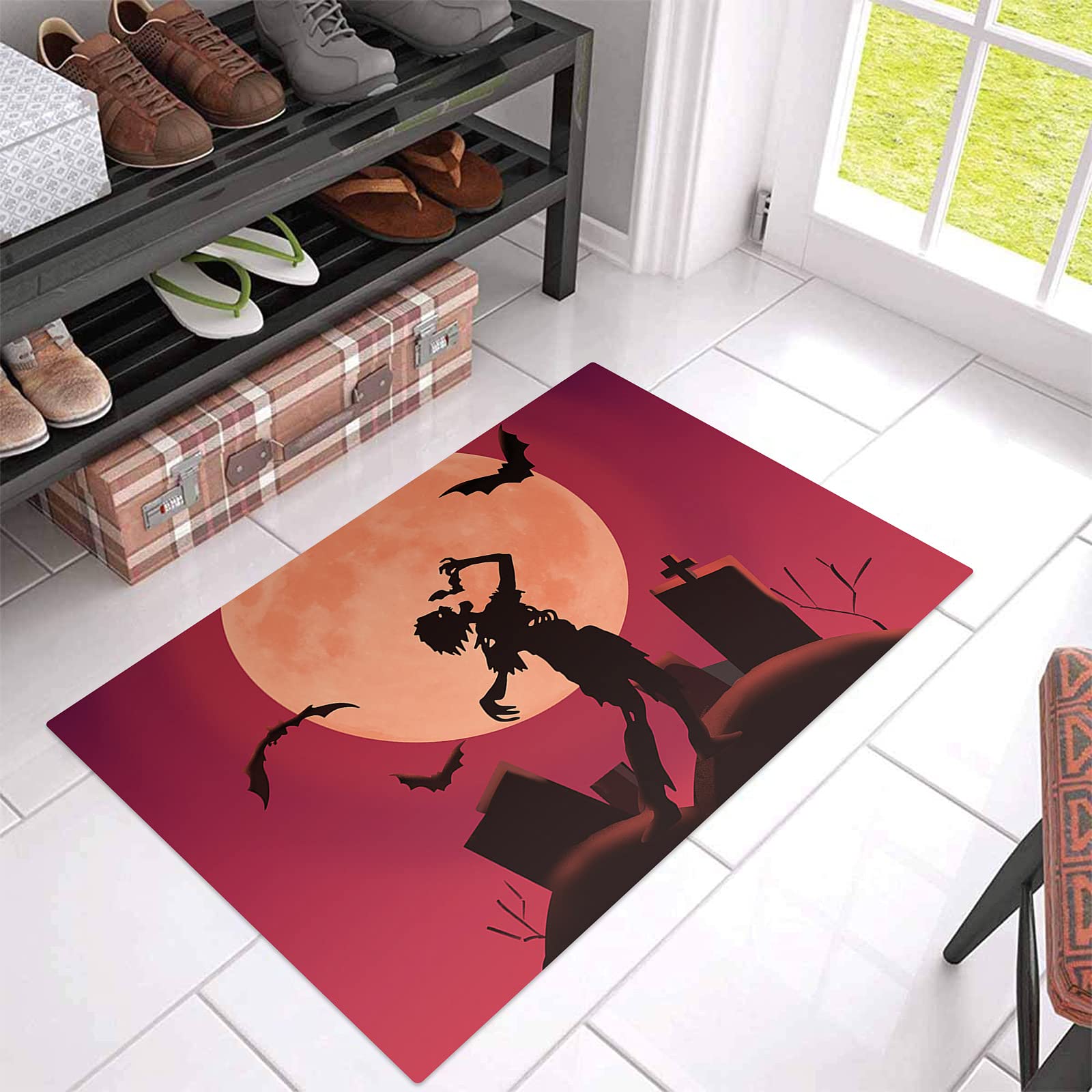 Scary Halloween Zombie Skeleton with Bats Welcome Doormat - Non-Slip Rubber Floor Mat for Entrance, Kitchen, Bedroom & Bathroom - Spooky Home Decor for Indoor Use During Halloween Parties & Haunted House Themes