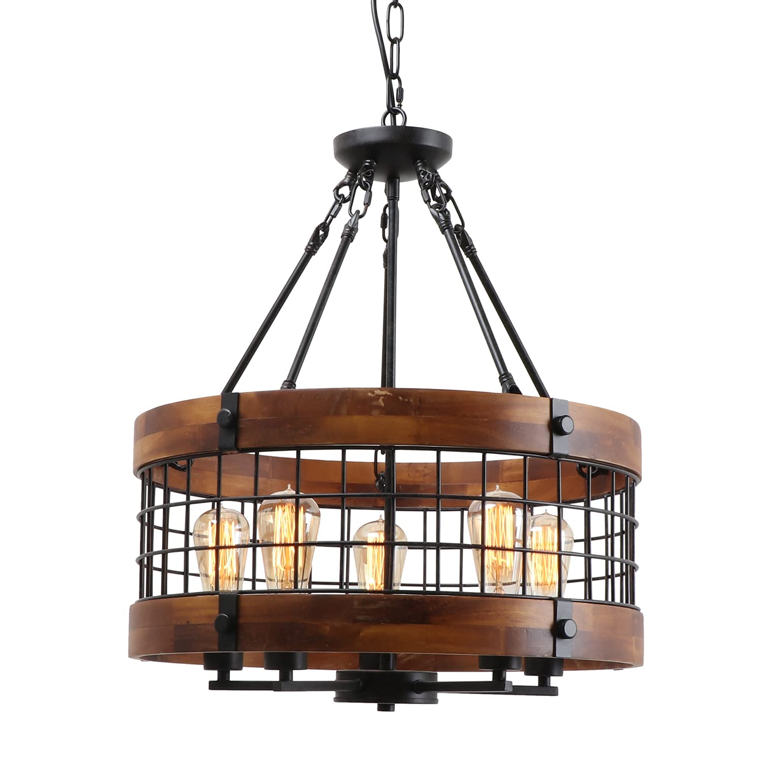 Giluta Farmhouse Chandelier - 5-Light Rustic Round Wood & Metal Pendant Light for Dining Room, Kitchen Island, Entryway | Perfect for Country Home Decor, Cottage Style Lighting, and Vintage Interior Design