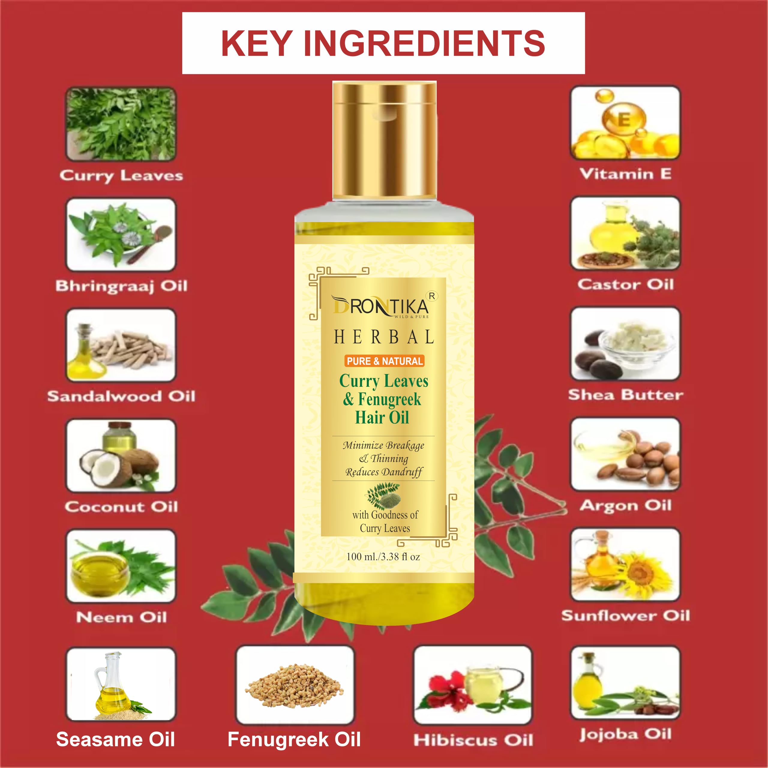 Drontika 100% Pure & Natural Red Onion Oil, Curry Leaves & Fenugreek Oil, Kalonji Oil - Hair Growth Treatment Pack of 3 (300ml) for Thicker, Longer & Healthier Hair - Perfect for Daily Hair Care & Scalp Nourishment