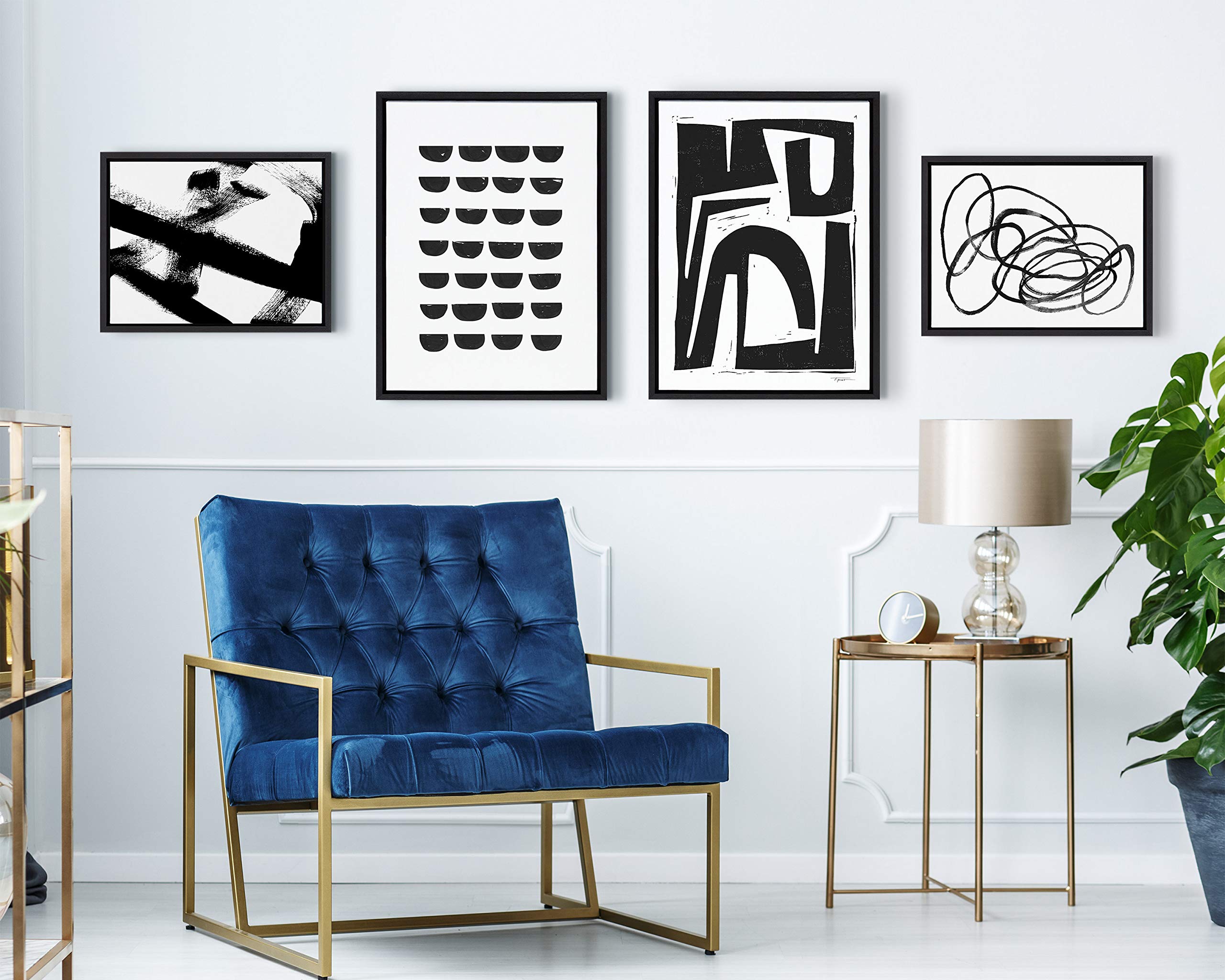 Modern Abstract Framed Canvas Wall Art Set - 4 Piece Black & White Collection by Teju Reval, Amy Lighthall & Nikki Chu | Contemporary Home Decor for Living Room, Bedroom & Office