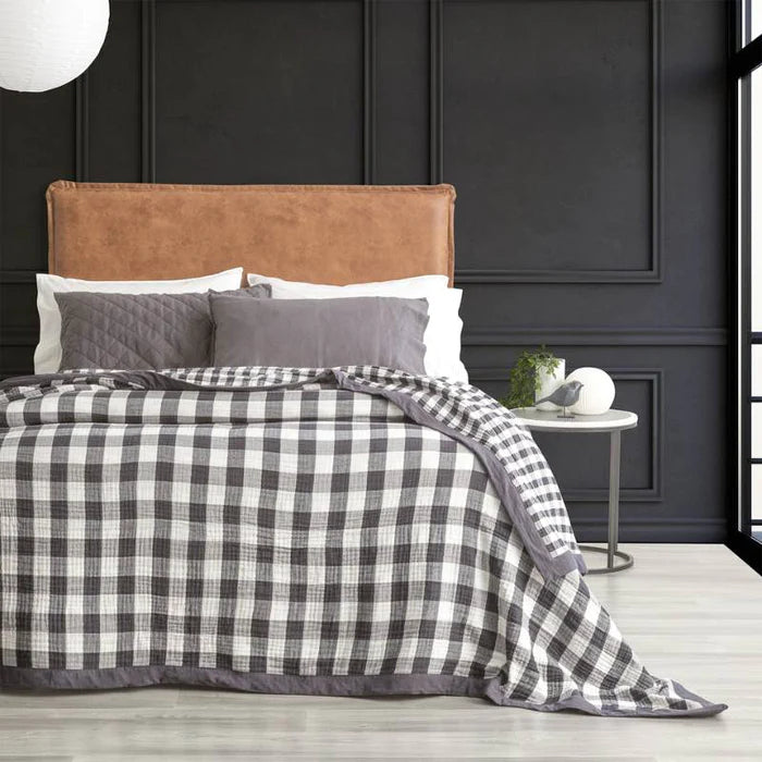 Renee Taylor ASH Gingham Washed Cotton Textured Blanket - Soft & Cozy Throw for Bed, Sofa, and Outdoor Picnics