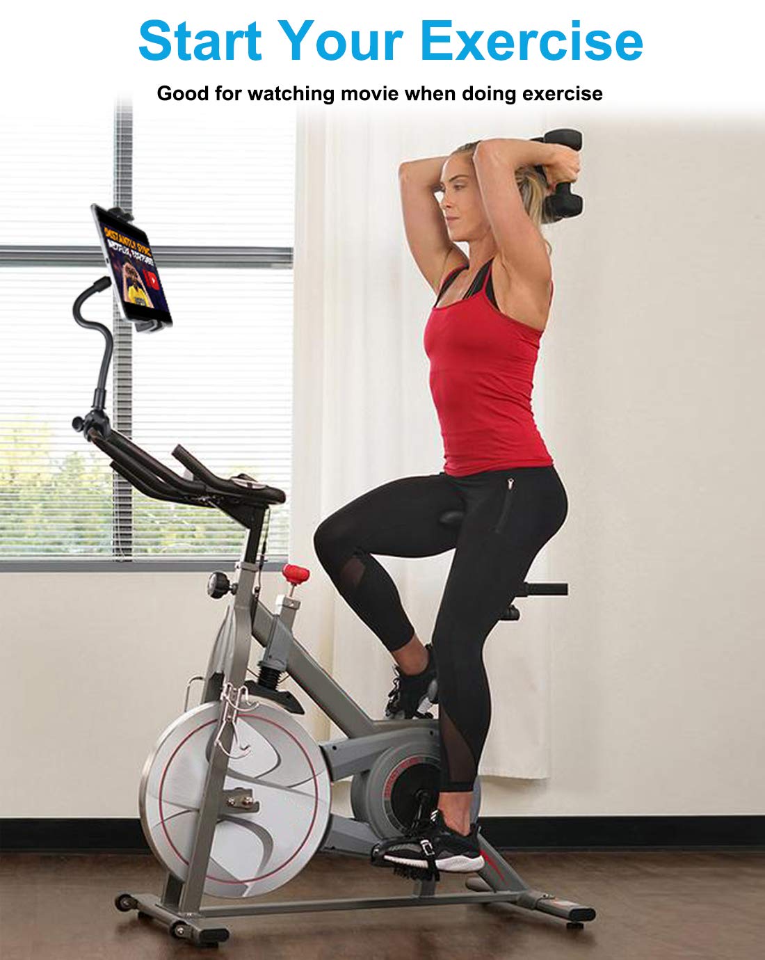 Woleyi Adjustable Gooseneck Tablet Holder for Spin Bike & Peloton - Universal Exercise Bike Handlebar Mount for iPad Pro/Air/Mini, Galaxy Tablets (4.7-13 Inch) - Perfect for Home Gym, Cycling Workouts & Treadmill Training