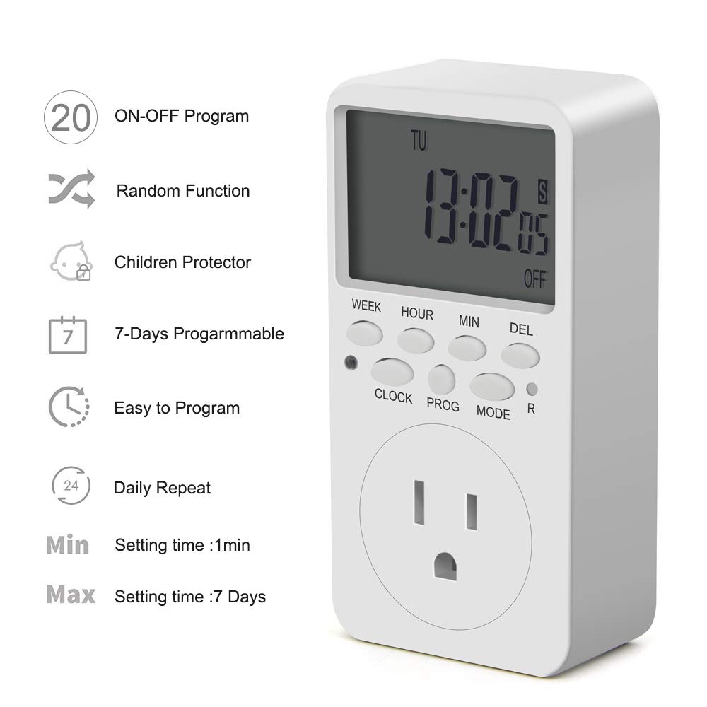 CANAGROW 7-Day Digital Programmable Outlet Timer - Indoor Electrical Timer for Lights & Appliances, 15A/1800W Heavy Duty, 3-Prong Wall Plug - Perfect for Grow Lights, Holiday Decorations & Home Automation