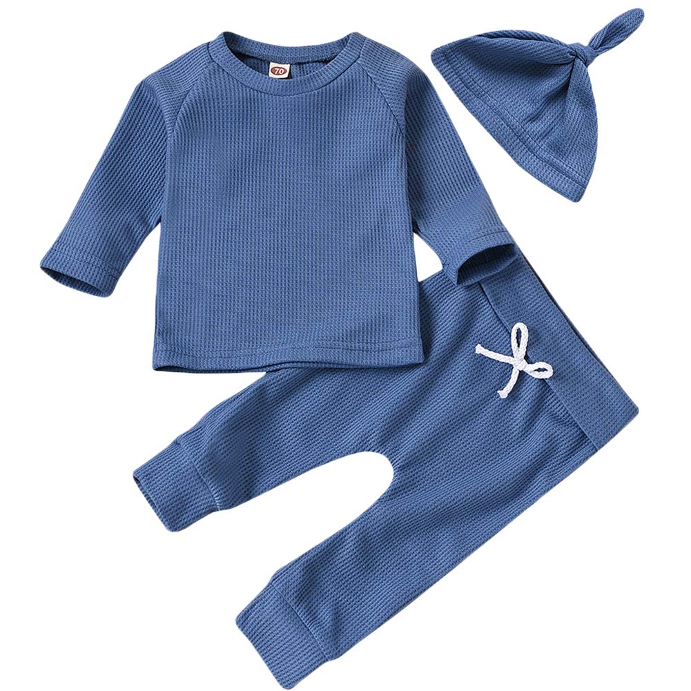 Newborn Baby Boys Girls Waffle Knit Cotton Outfit Set with Hat - Long Sleeve Top & Pants for Cozy Homewear - Perfect for Playtime, Naptime & Photo Shoots