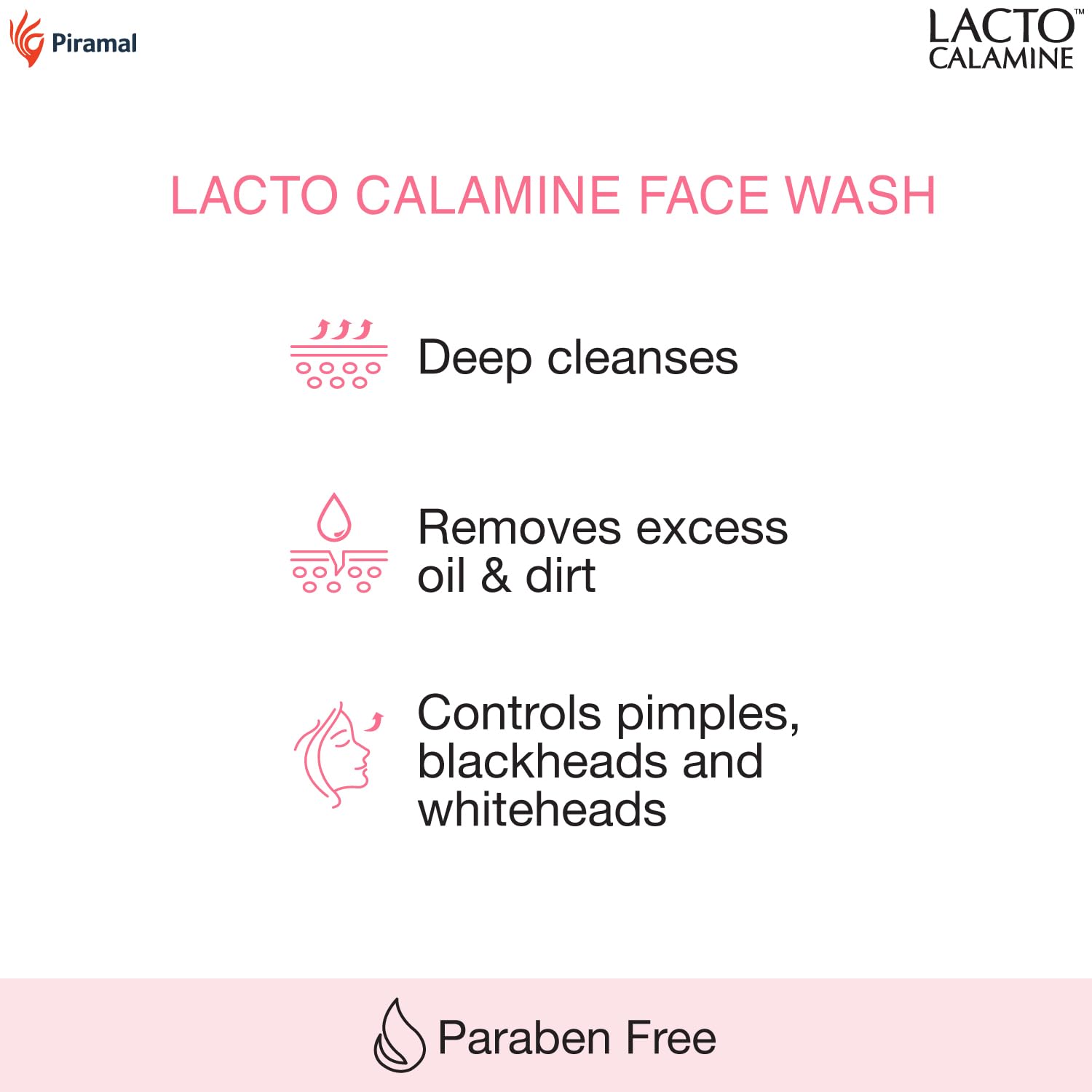 Lacto Calamine Face Wash for Oily Skin - 100ml with Kaolin Clay, Niacinamide & Vitamin E | Reduces Excess Oil, Controls Acne, Blackheads & Whiteheads | Gentle Cleanser for Men & Women | Perfect for Daily Skincare & Acne-Prone Skin