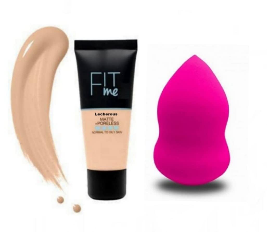 Fit Me Matte+Poreless Liquid Foundation with Beauty Blender Sponge - Oil-Free Full Coverage Makeup for Oily Skin | Perfect for Everyday Wear & Professional Makeup Application