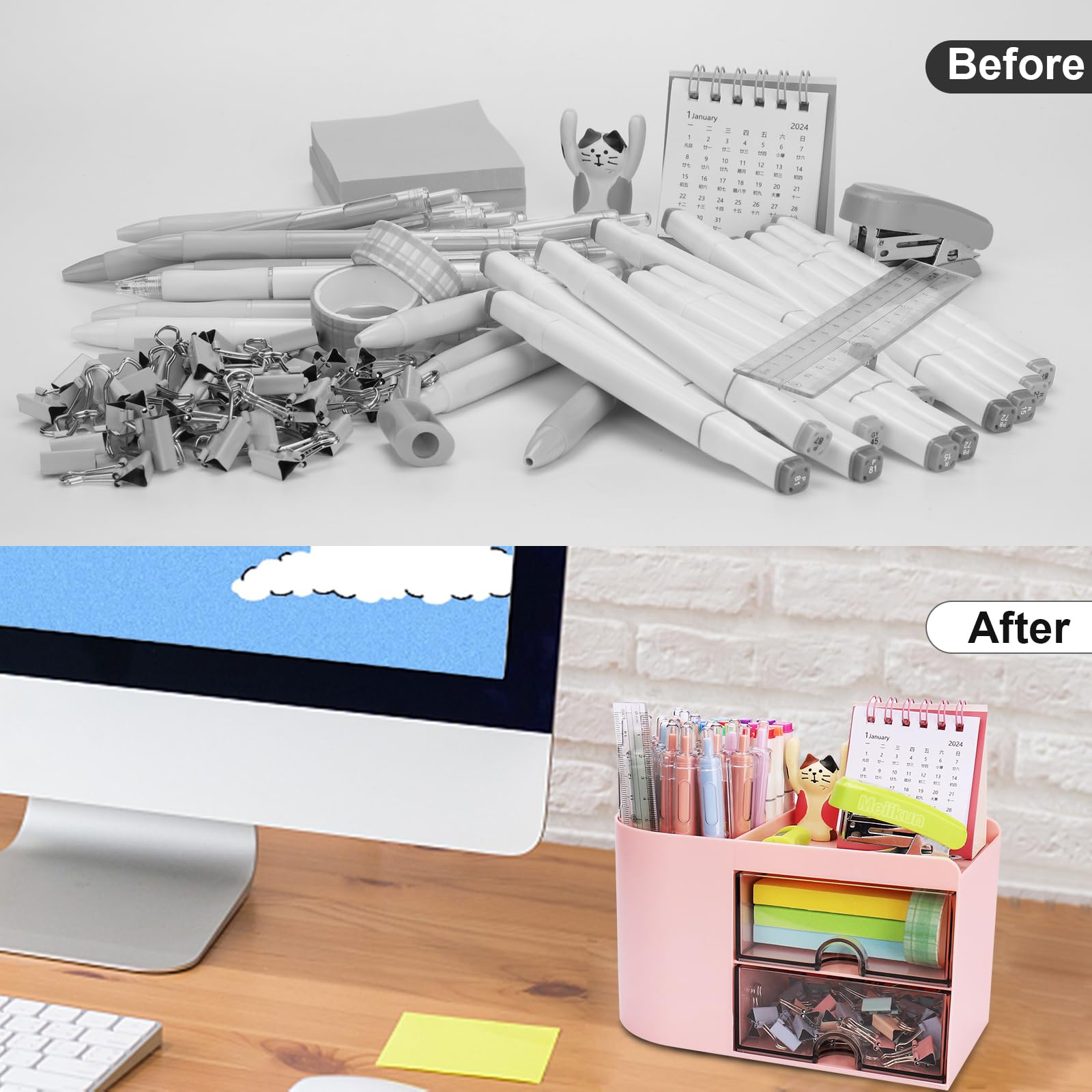 Pink Desk Organizer with 2 Drawers & 4 Compartments - Pen Holder, Pencil Organizer for Office & Home Storage - Perfect for School Supplies, Stationery & Workspace Organization