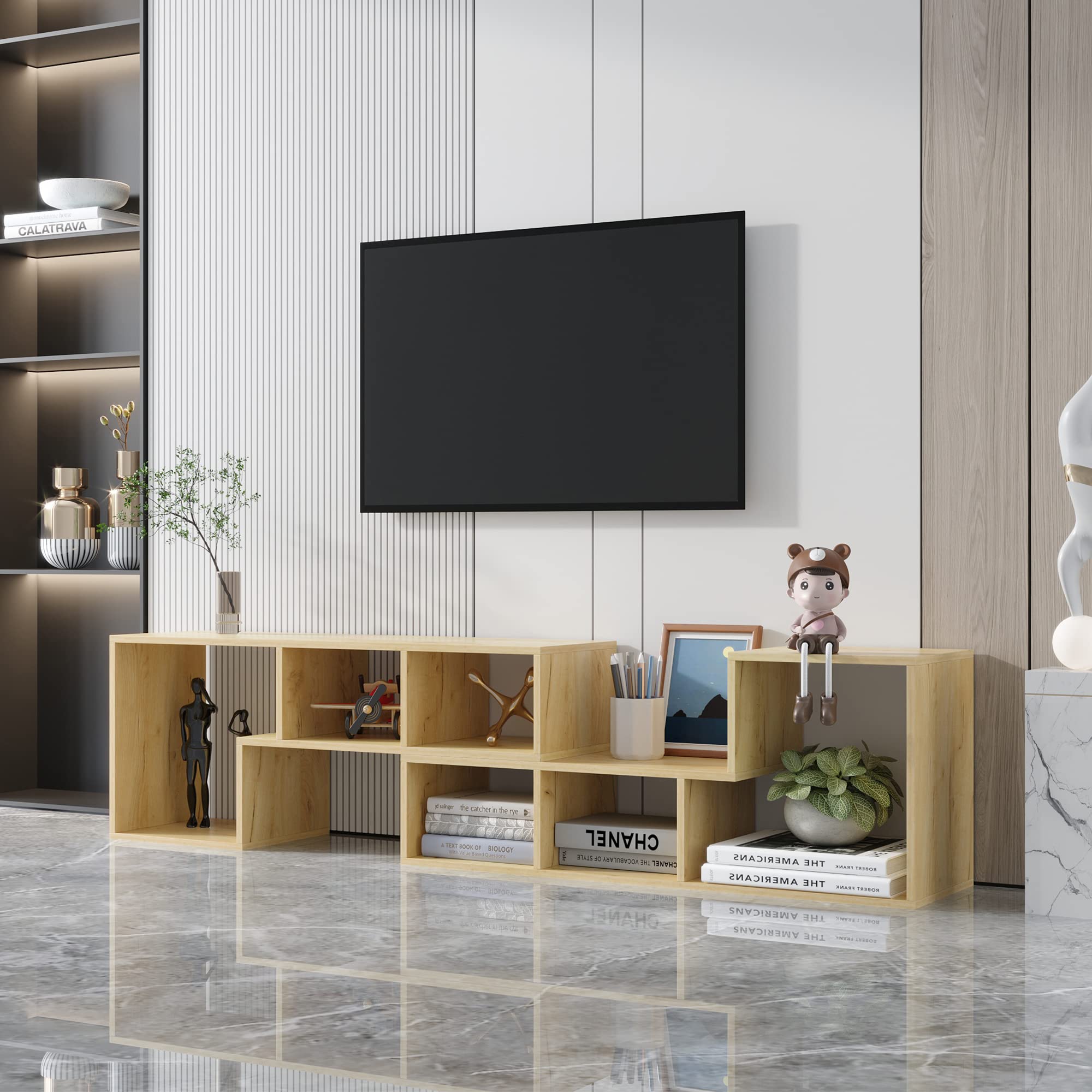 L-Shaped Oak TV Stand with Display Shelf & Bookcase - Solid Wood Home Entertainment Center for Living Room, Bedroom, and Office Furniture