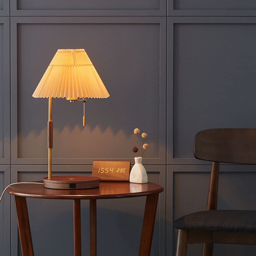Wireless Charging Desk Lamp with Pleated Fabric Shade - Solid Wood Night Light for Bedroom, Office & Study | USB-C Fast Charging, Adjustable Brightness, Modern Home Decor Lighting