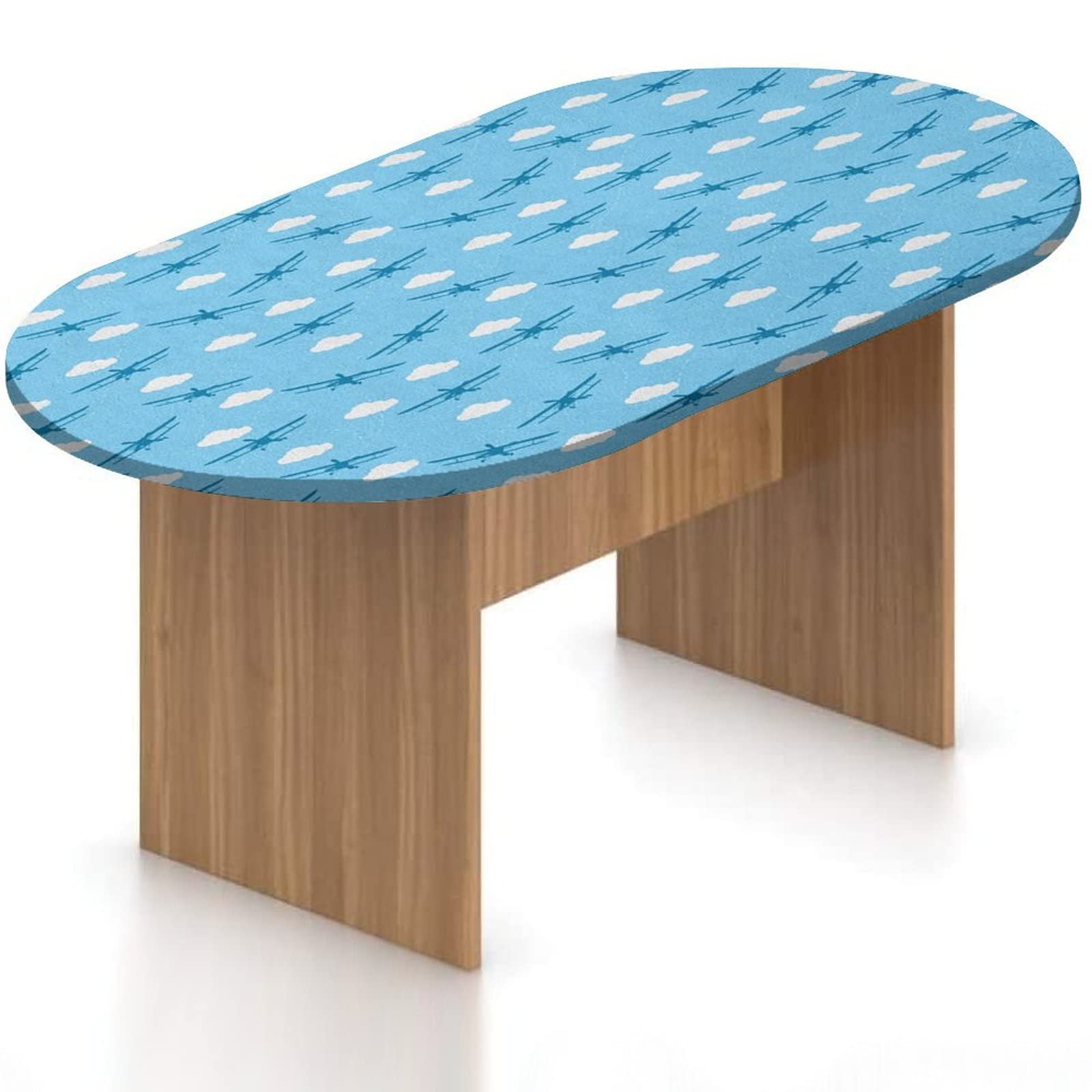 Waterproof Oval Fitted Patio Table Cover - Elasticized Polyester Tablecloth with Blue Biplane Design for Indoor & Outdoor Use (Fits 48x72 Inch Oval Tables) - Perfect for Picnics, BBQs, and Garden Parties