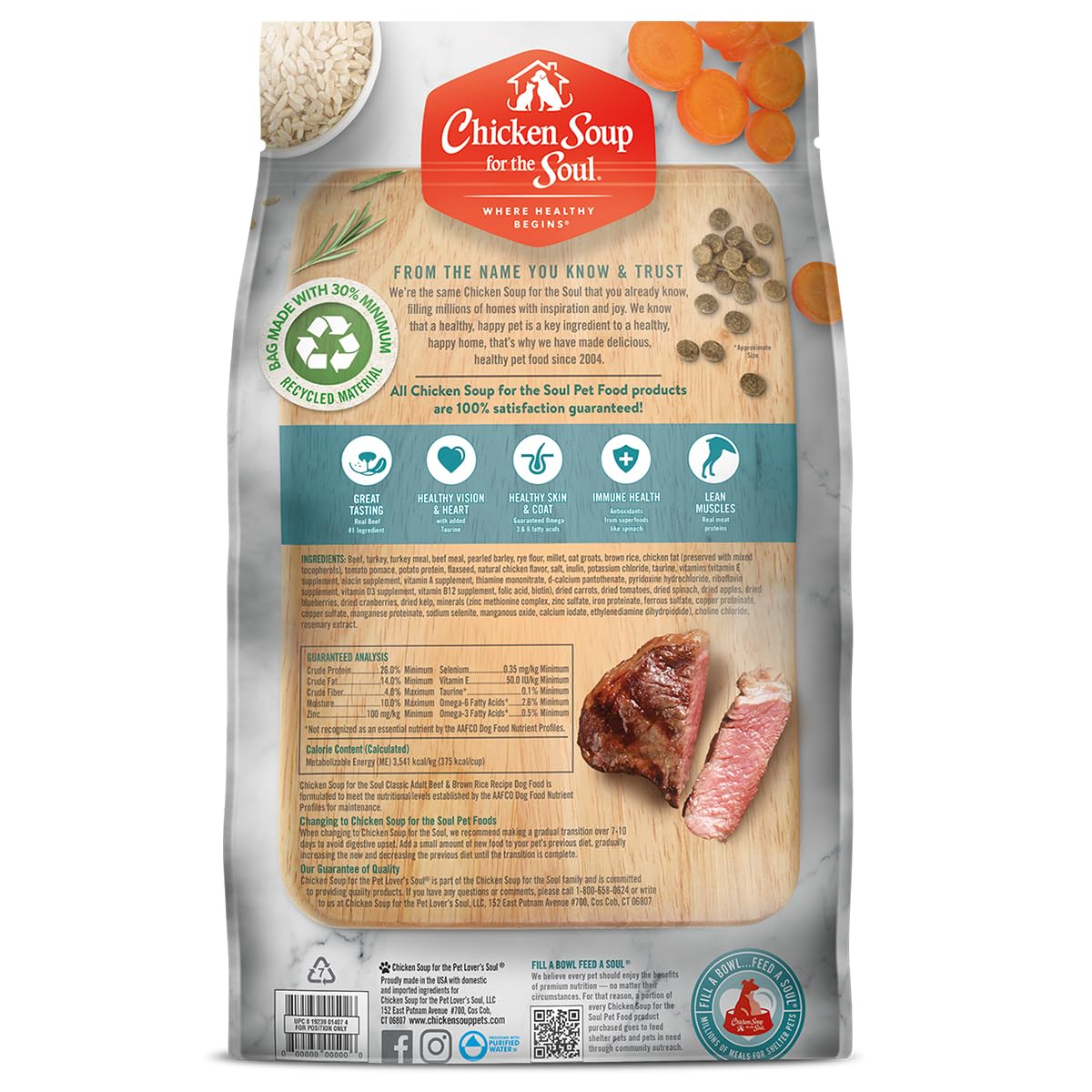 Chicken Soup for the Soul Classic Dry Adult Dog Food - Beef & Brown Rice Recipe, 28lb Bag | Soy Free, Corn Free, Wheat Free, Natural Ingredients | Premium Kibble for Large & Medium Breed Dogs, Ideal for Daily Meals & Training Treats
