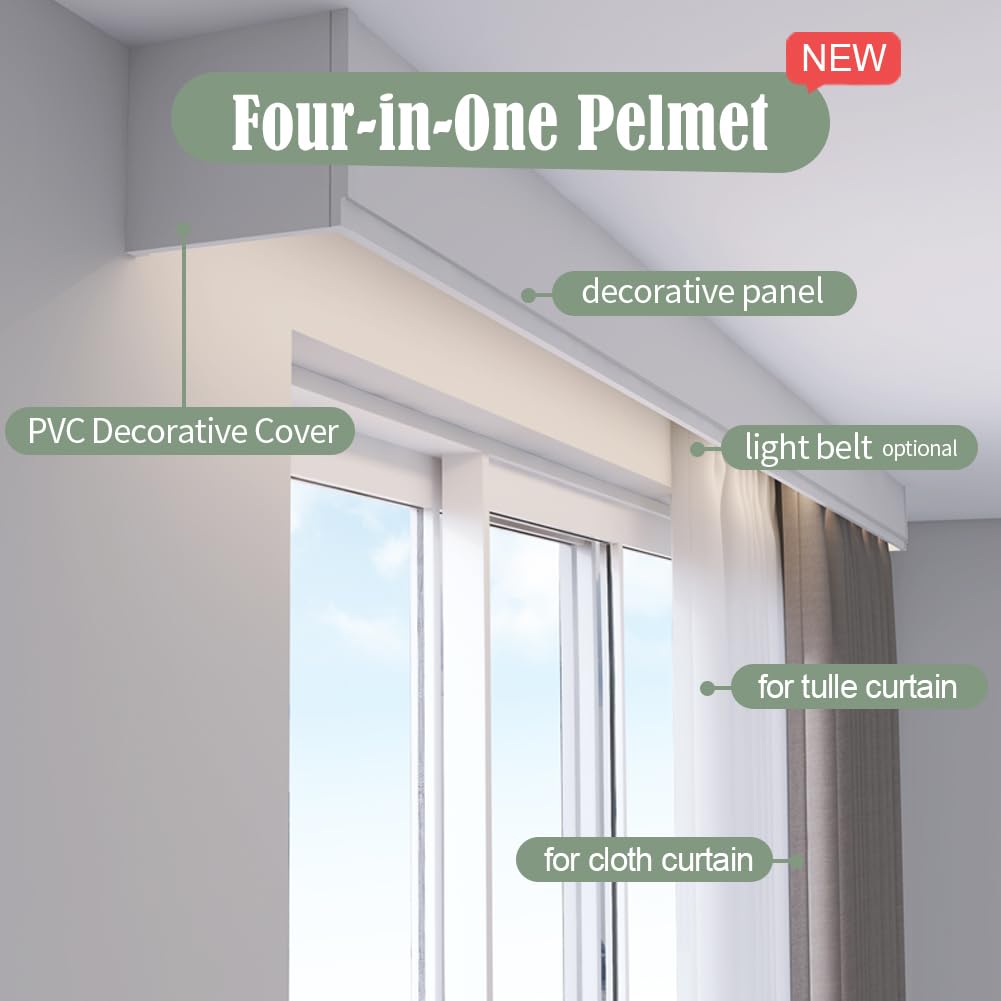 ZSHINE 4-in-1 Double Track Curtain Rod Set with Pelmet & Optional LED Lights - Custom Length for Living Room, Bedroom, Kitchen | Perfect for Home Decor, Light Control & Room Partitioning