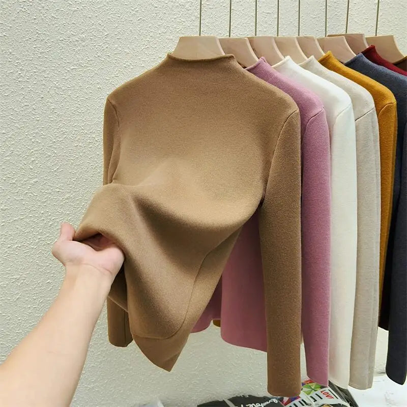 Women's Solid Half High Neck Velvet Sweater - Korean Fashion Warm Knitwear Long Sleeve Pullover Top for Autumn Winter | Cozy Casual Wear, Office Outfits & Holiday Layering