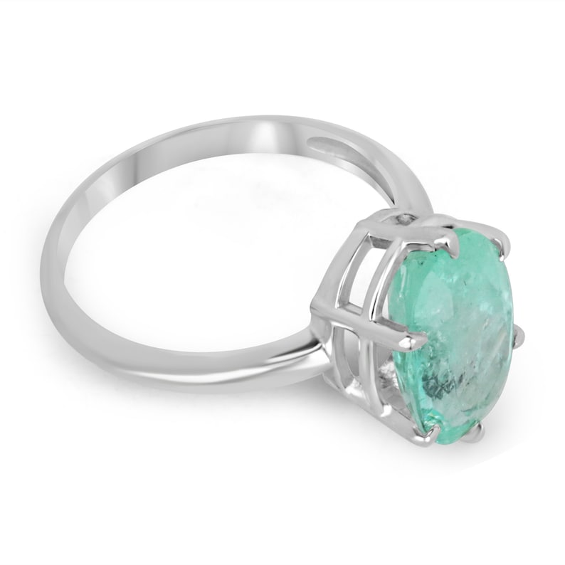 3.55ct Oval Cut Emerald Solitaire Ring in 14K White Gold with 6 Prong Setting - Perfect for Engagement, Wedding & Anniversary Gifts