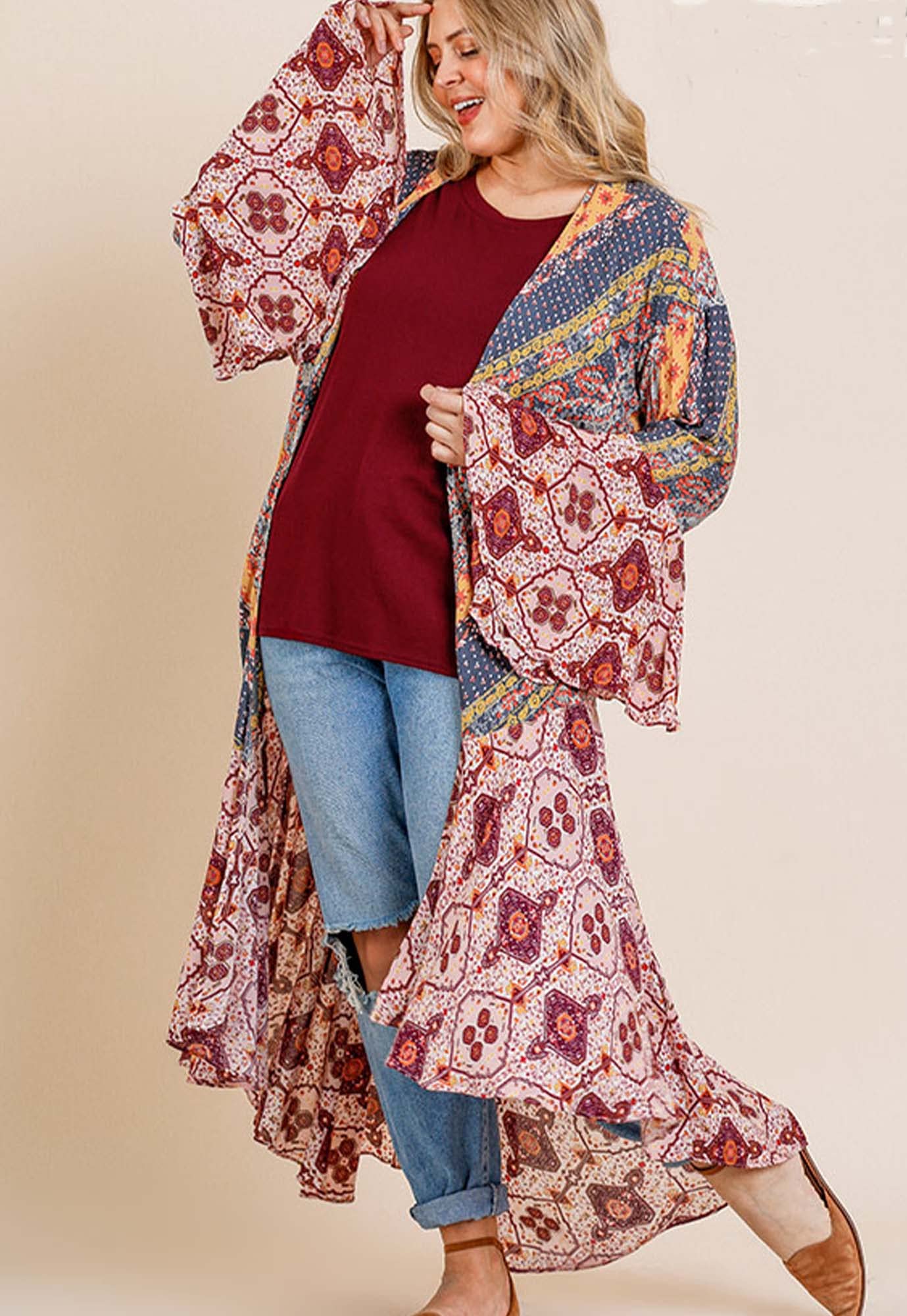 Umgee Women's Ruffled Long Kimono with Multicolored Print - Boho Chic Cover Up for Beach, Pool, or Summer Outfits