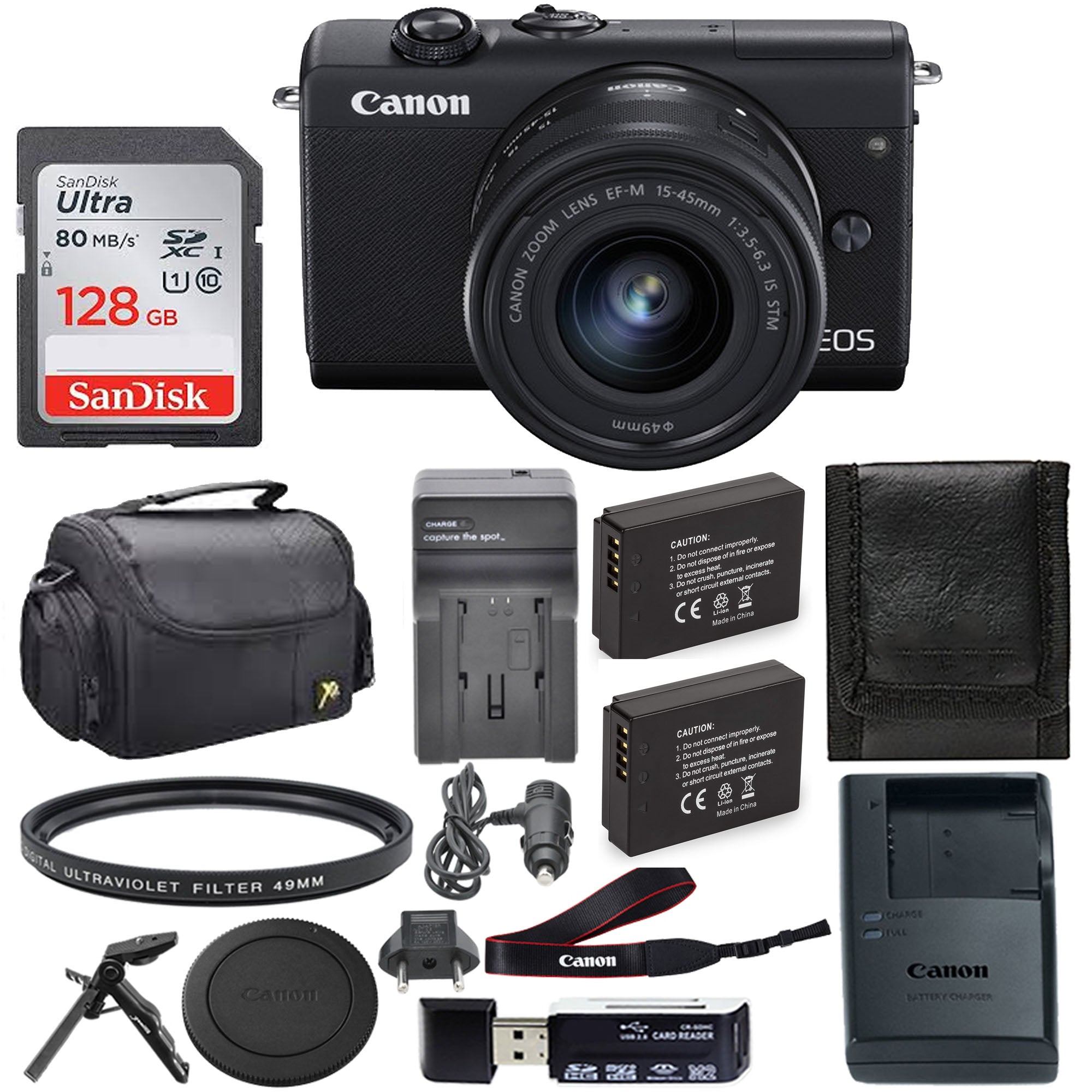 Canon EOS M200 Mirrorless Digital Camera with 15-45mm Lens Kit (Black/White) + SanDisk 128GB SD Card - Perfect for Travel Photography, Vlogging & Everyday Shooting