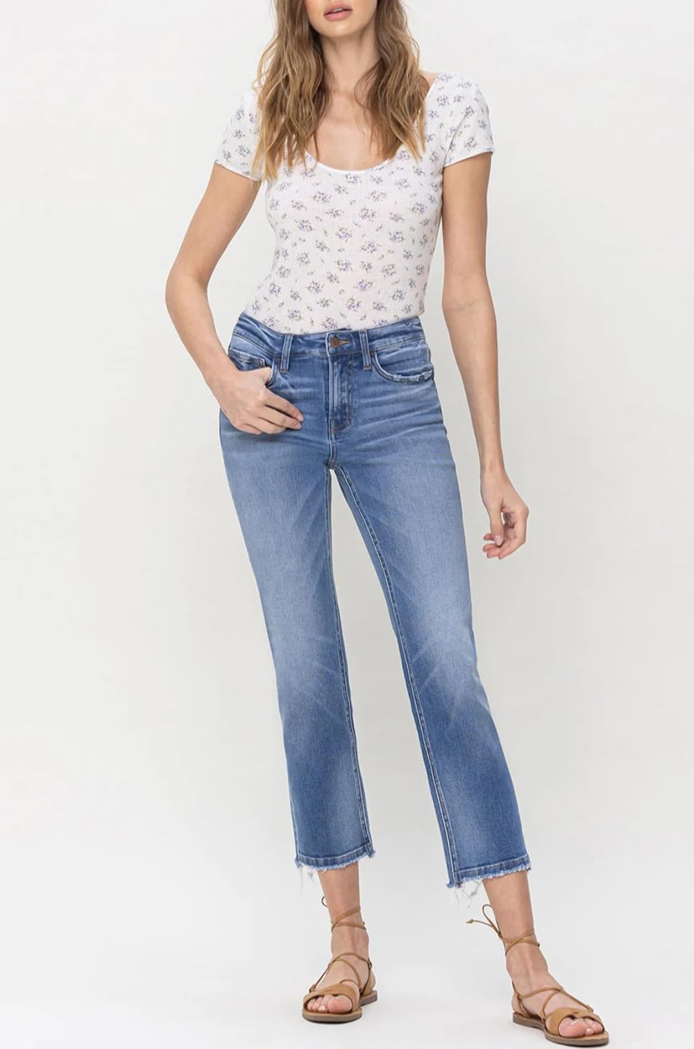 Flying Monkey Women's Mid Rise Crop Straight Jeans F5221 - Comfortable Stretch Denim Pants for Casual Wear & Everyday Outfits