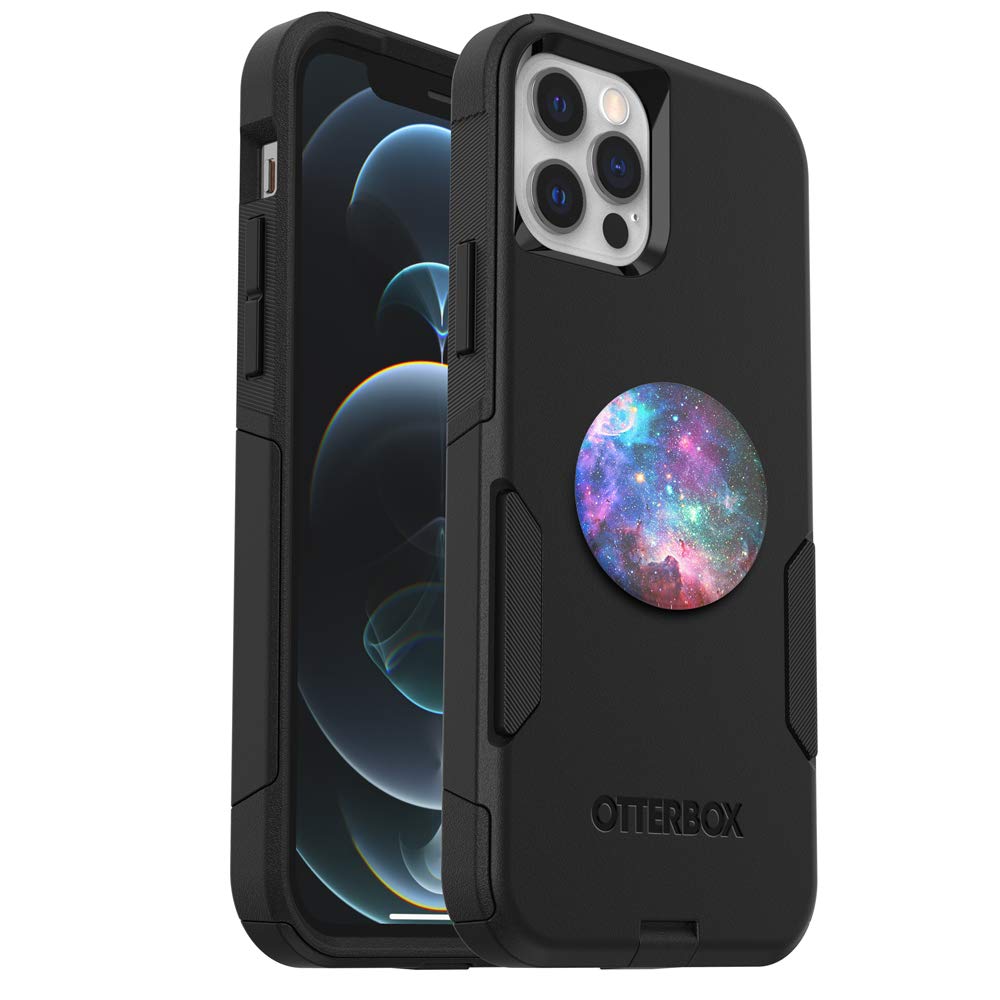 OtterBox COMMUTER SERIES Case for iPhone 12/12 Pro with PopSockets PopGrip - Black & Blue Nebula Bundle | Protective Phone Cover with Grip Handle for Everyday Use, Commuting and Travel