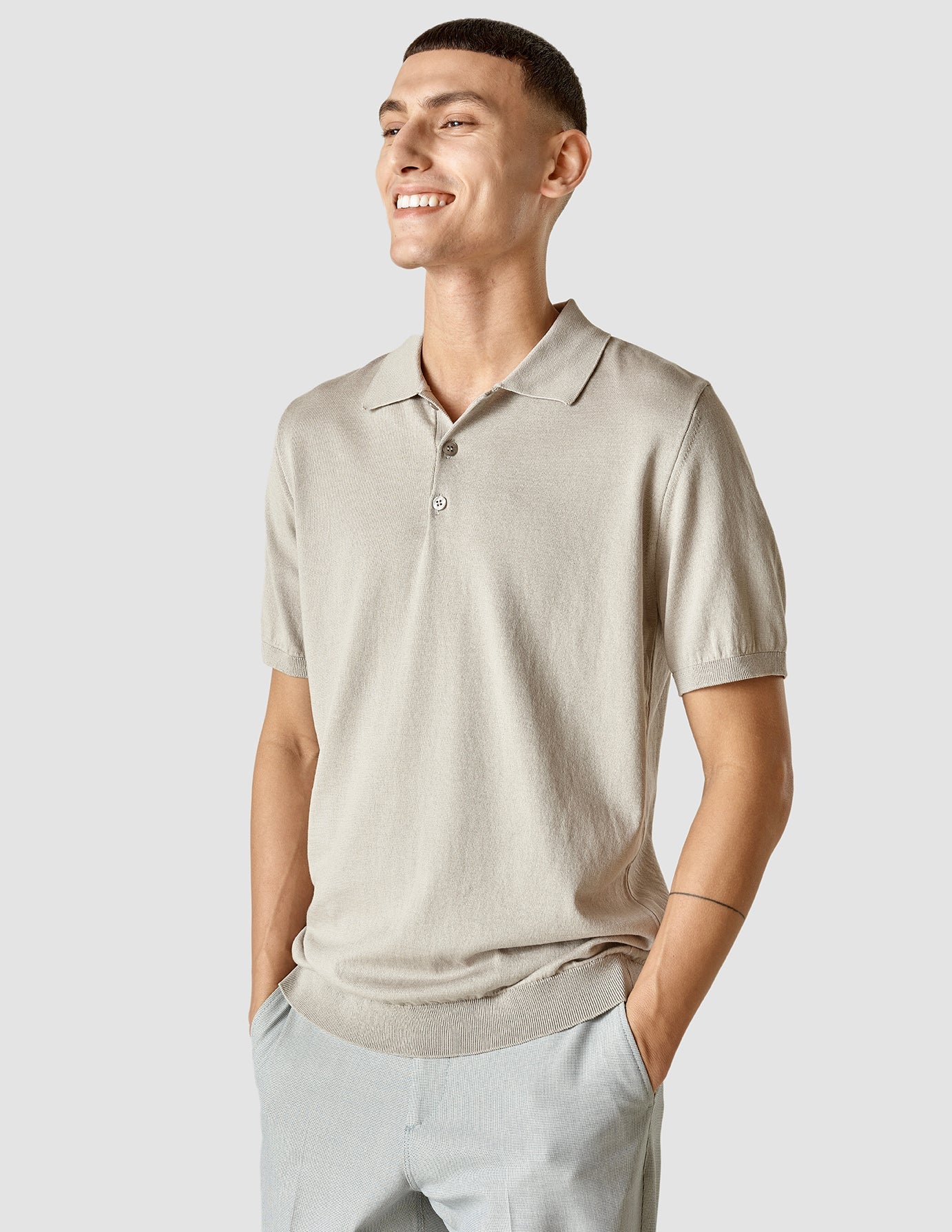 Premium Silk & Cotton Blend Short Sleeve Polo Shirt for Men - Light Grey - Business Casual & Summer Wear