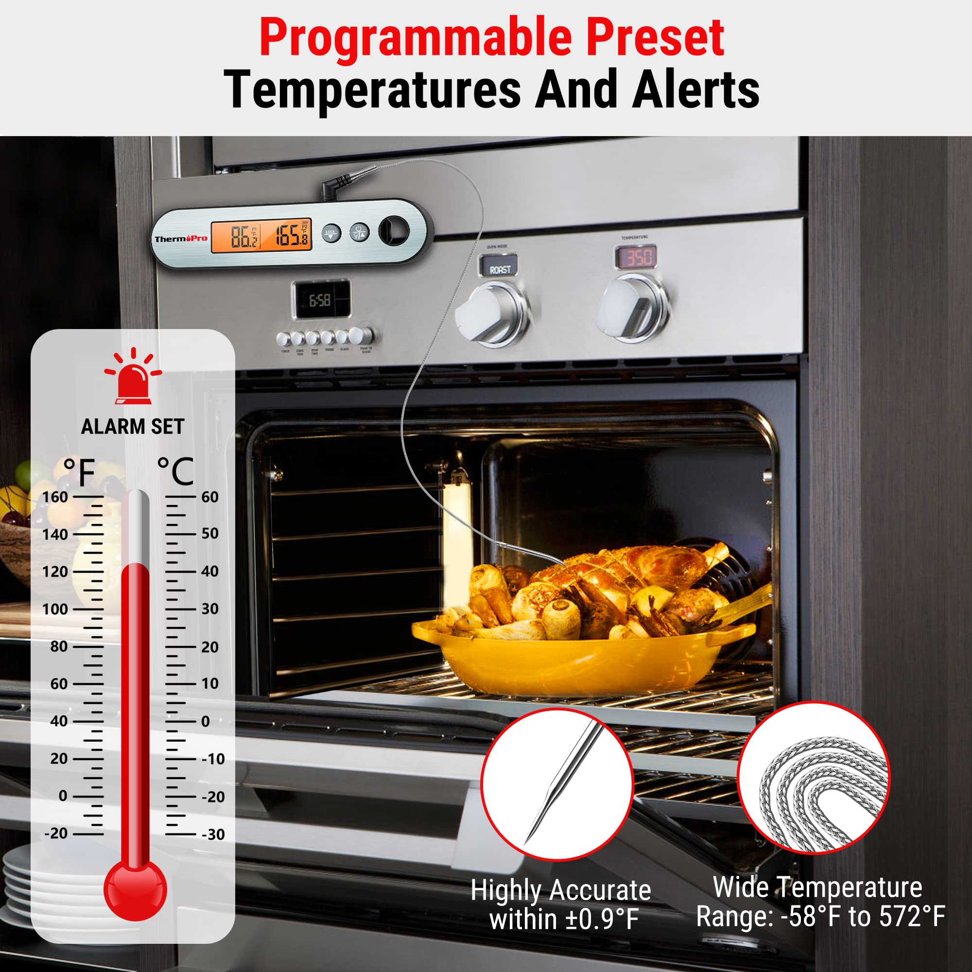 ThermoPro TP610 Digital Meat Thermometer - Rechargeable Instant Read Food Thermometer with Rotating LCD Screen & Alarm | Waterproof Cooking Thermometer for Grilling, Smoking, BBQ, Oven & Kitchen Use | Perfect for Steak, Turkey, Chicken & Baking