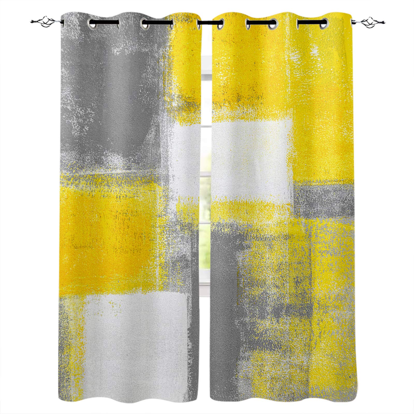 Modern Abstract Art Blackout Curtains Set of 2 - Yellow & Grey Thermal Insulated Room Darkening Drapes with White Grommet (52x63 Inch) for Living Room, Bedroom | Fall Decor, Thanksgiving Home Decor, Light Blocking for Better Sleep