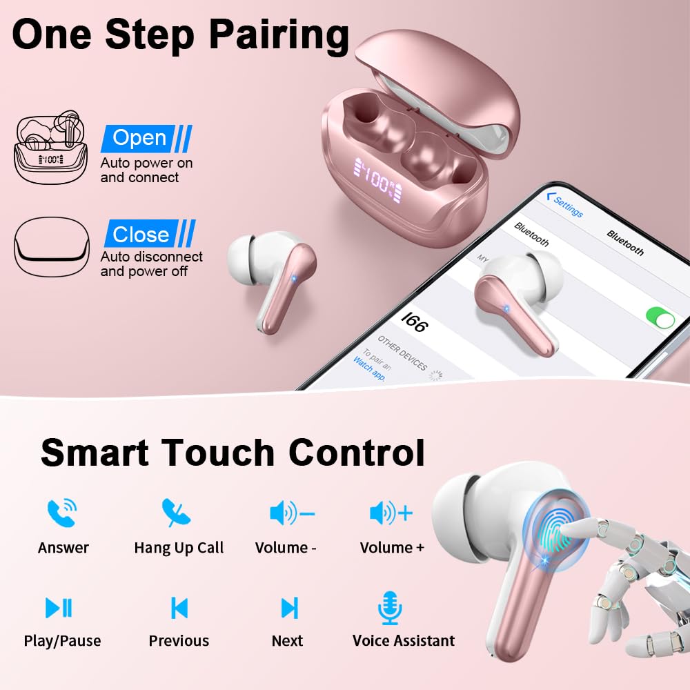 Wireless Earbuds Bluetooth 5.4 with Deep Bass Stereo & 4 ENC Mics, 45H Playtime LED Display Charging Case, IP7 Waterproof in-Ear Headphones for Android iOS - Perfect for Workouts, Commuting & Travel
