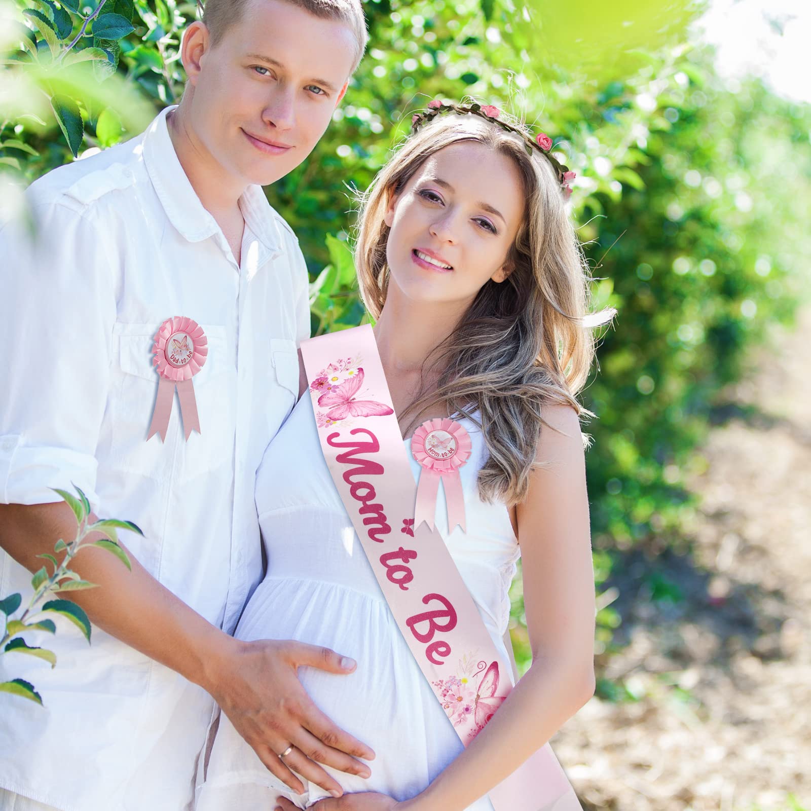 Butterfly Theme Baby Shower Decorations - Mom to Be Sash, Dad to Be Pin & Pink Flower Crown Headband for Gender Reveal Party, Pregnancy Photo Props, Keepsake Gifts - Perfect for Baby Showers, Gender Reveals & Maternity Photoshoots