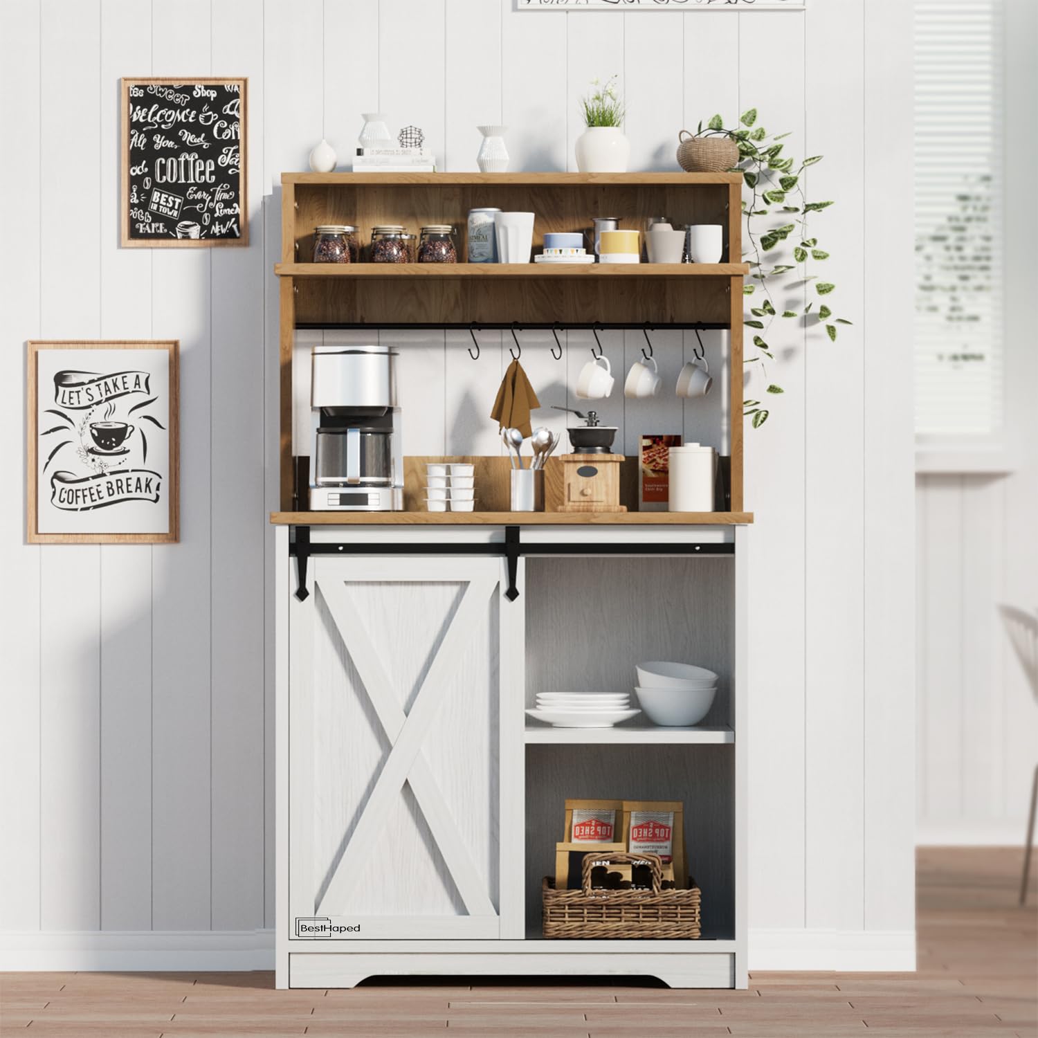 Farmhouse Coffee Station with 3-Tier Storage Hutch & 6 Hooks - 56 Inch Rustic Coffee Bar Table with Adjustable Shelves for Kitchen, Living Room or Dining Room - Perfect for Organizing Mugs, Coffee Supplies & Decor