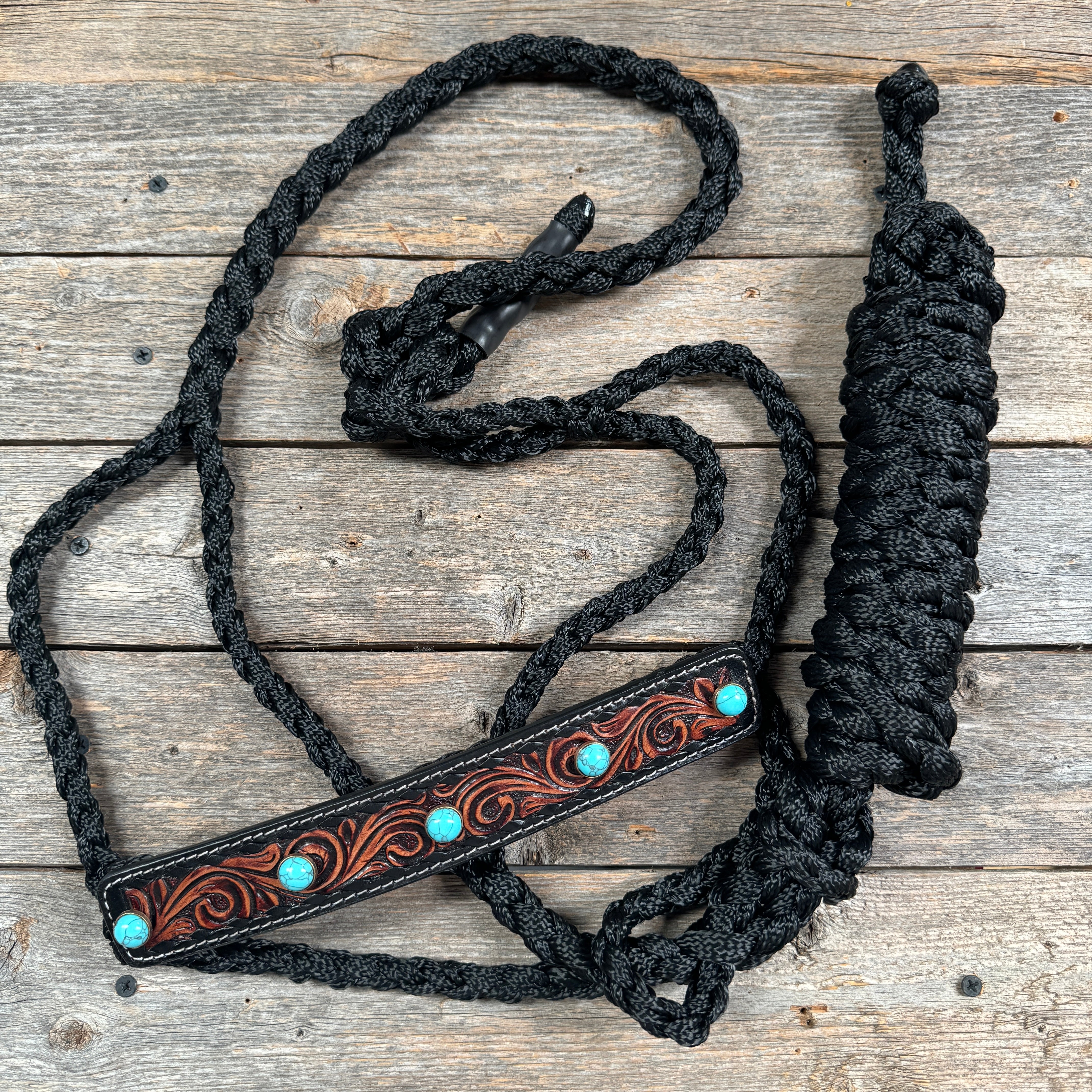 Premium Leather Mule Tape Halter with Turquoise Cabochon Conchos - Western Equestrian Headgear for Horses, Riding & Show Events