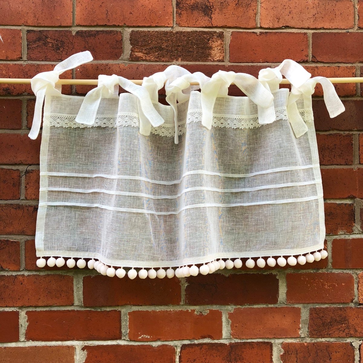 Penketh Sheer Cream Ivory Lace Kitchen Curtain with Pompoms - Elegant Window Treatment for Farmhouse, Cottage & Vintage Style Kitchens