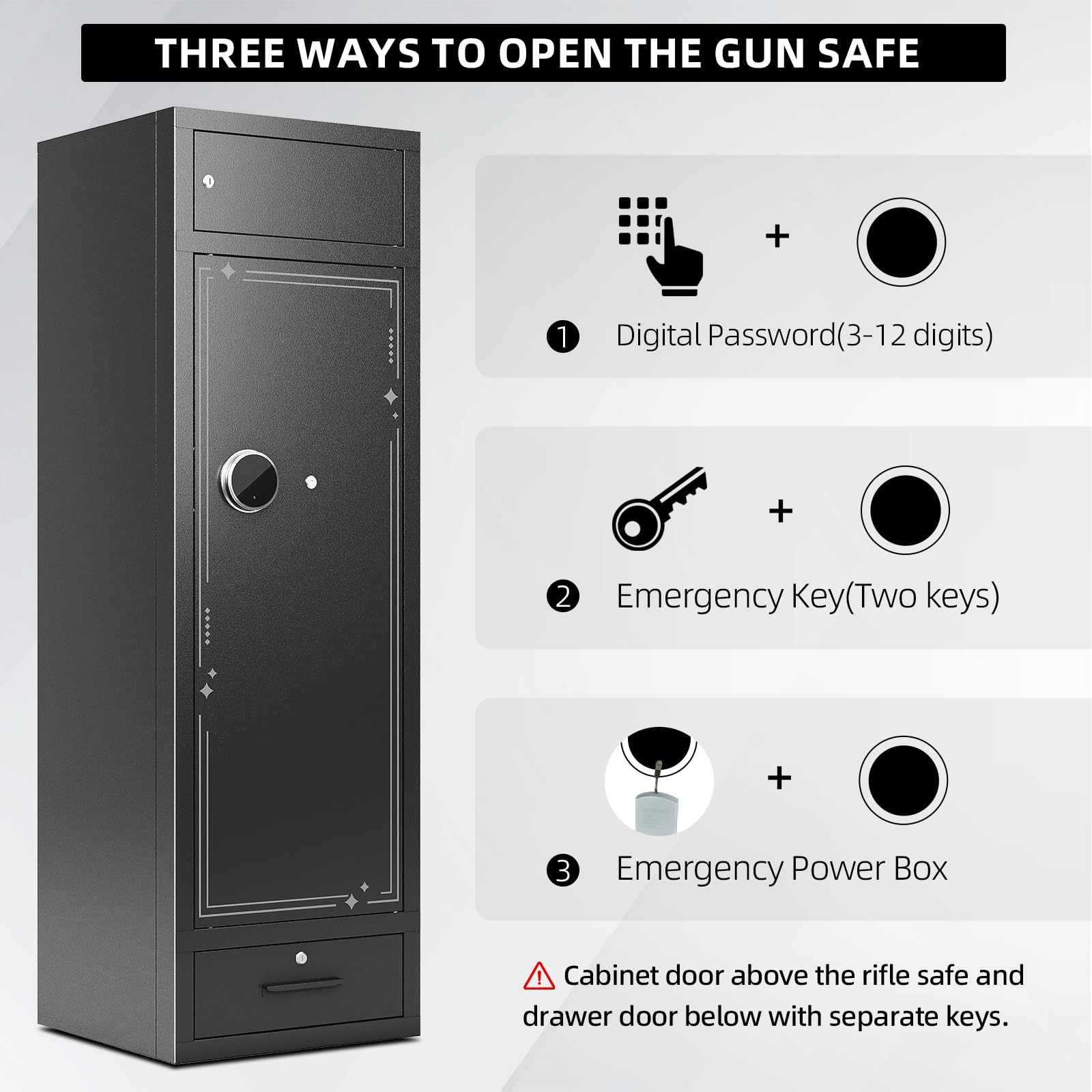 KAER 10-15 Gun Safe - Large Capacity Rifle & Pistol Safe with Handgun Rack, Rifle Rack & Drawer - Heavy Duty Gun Cabinet for Home Security (Unassembled) - Perfect for Shotgun Storage, Firearm Protection & Hunting Gear Organization