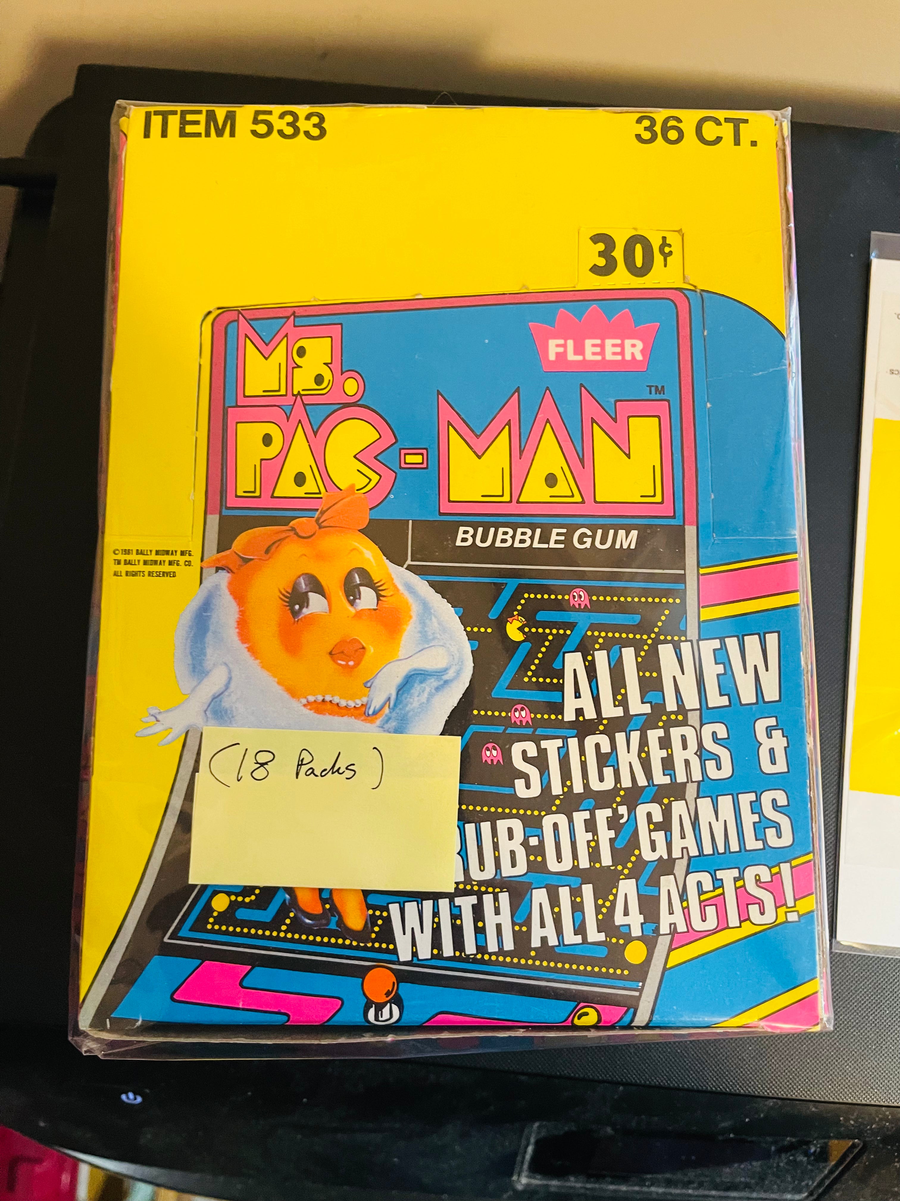 Vintage 1981 Ms. Pac Man Sticker Cards - Rare 18 Sealed Packs Collector's Box | Perfect for Arcade Game Memorabilia Collectors & Retro Gaming Enthusiasts