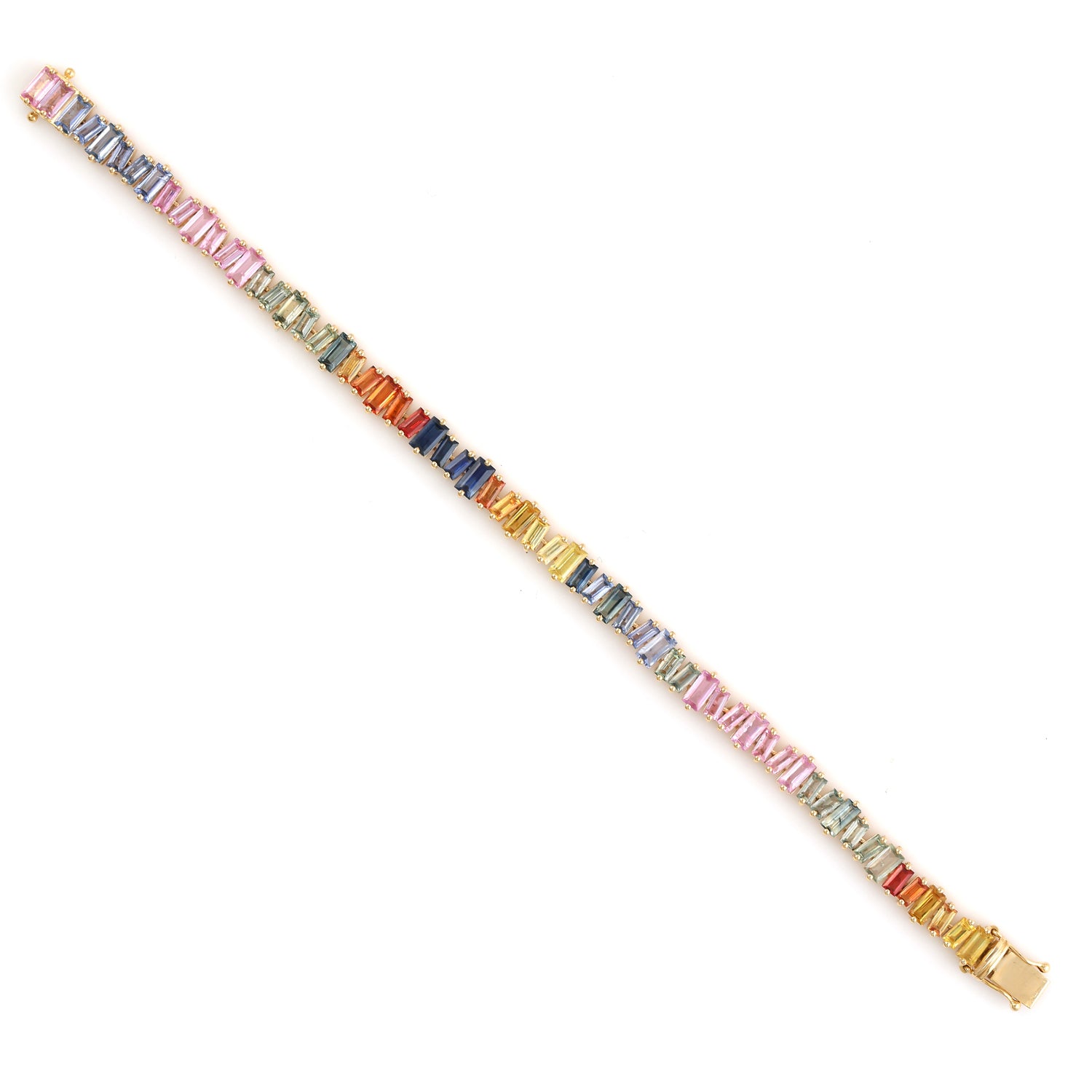 18k Yellow Gold Multicolor Sapphire Baguette Flexible Bracelet for Women - Perfect for Weddings, Anniversaries & Special Occasions
