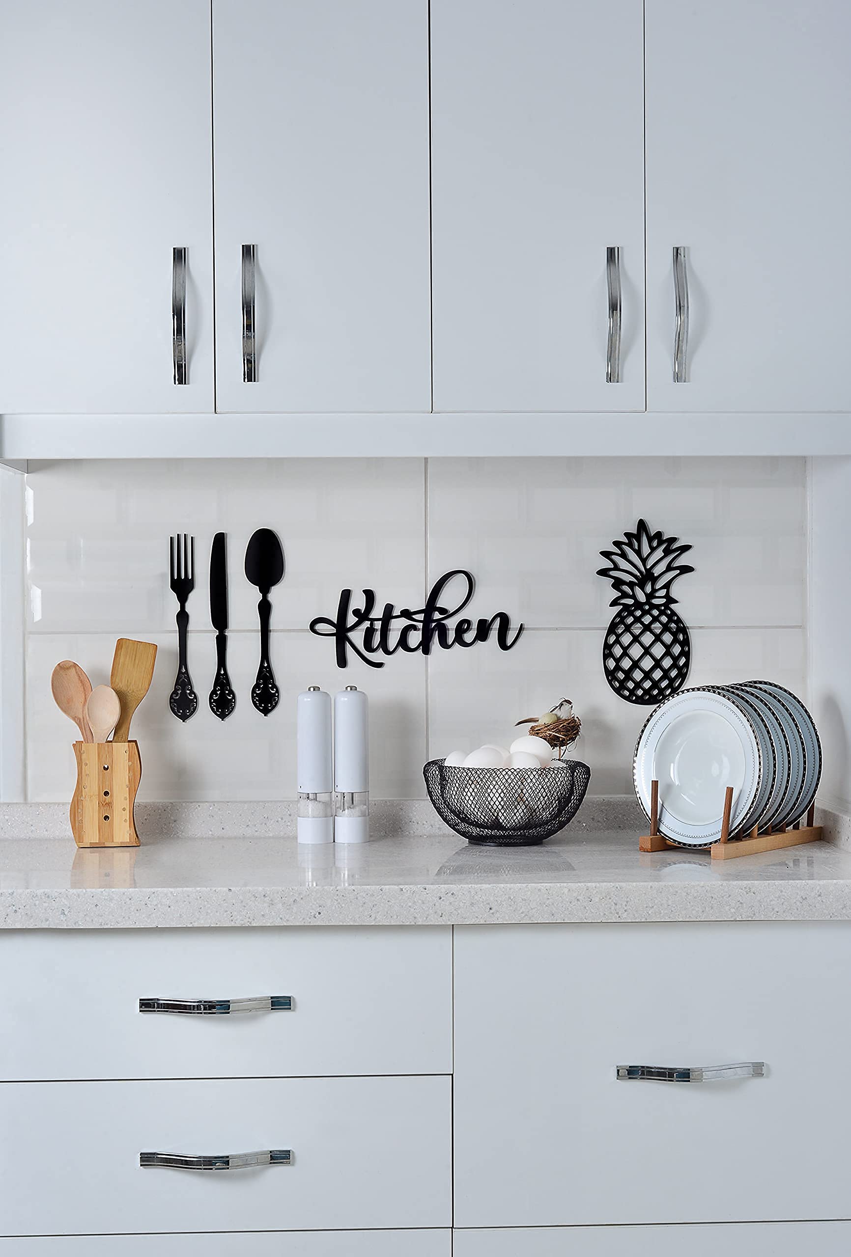 4eN Modern Wooden Kitchen Wall Decor Set - 5 Piece MDF Cutlery Sign for Dining Room, Kitchen, Cafe & Farmhouse | Rustic Home Accessories for Wall Decoration & Interior Design