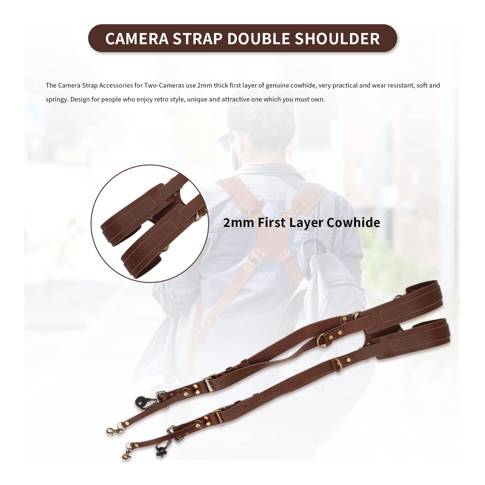 Double Camera Strap - Adjustable Leather Shoulder Harness for Two DSLR Cameras | Perfect for Wedding Photographers & Travel Vlogging