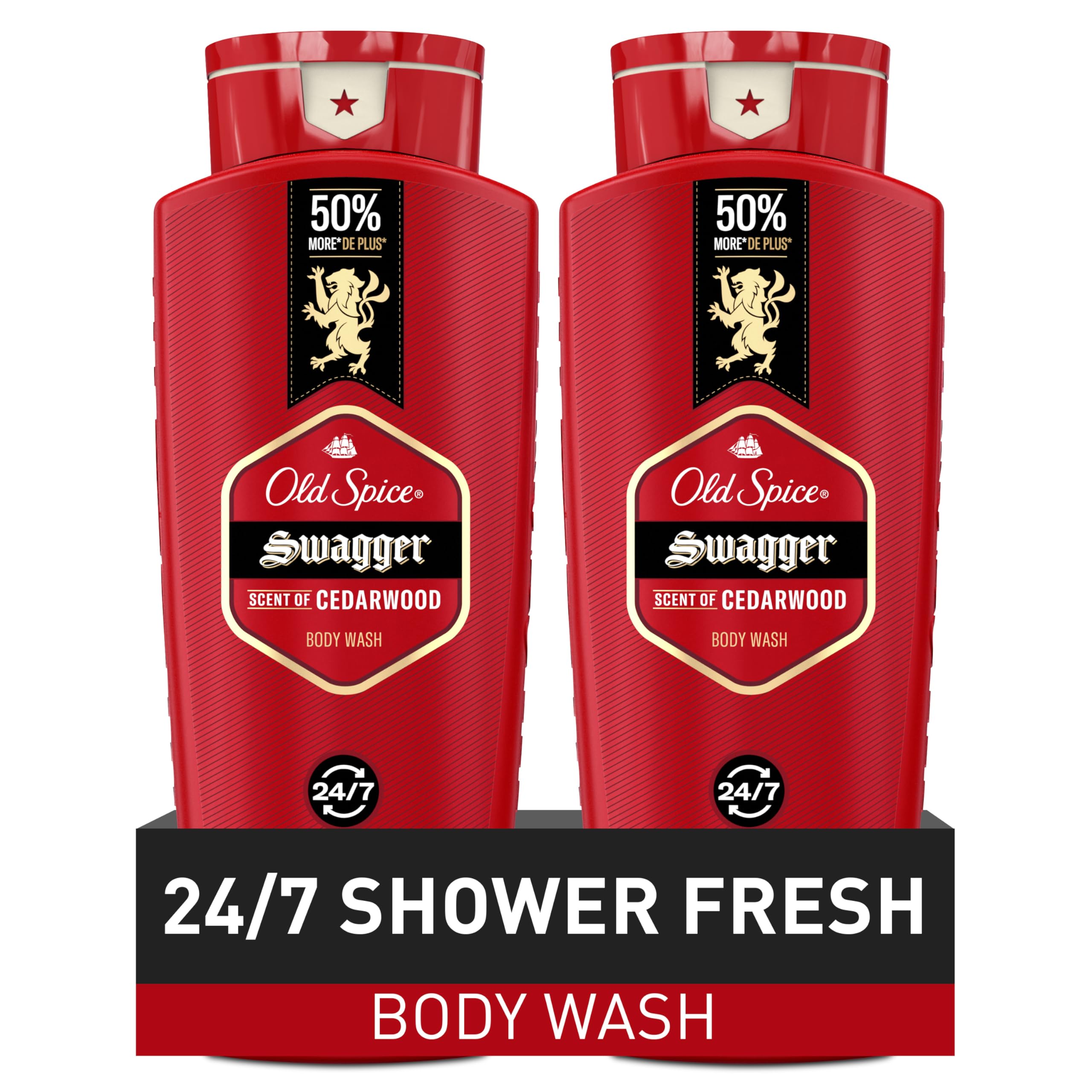 Old Spice Men's Body Wash - 24/7 Shower Fresh with Long-Lasting Cedarwood Scent, Swagger Red Collection, 24 fl oz (Pack of 2) - Refreshing Daily Shower Gel for Gym, Work & Active Lifestyle